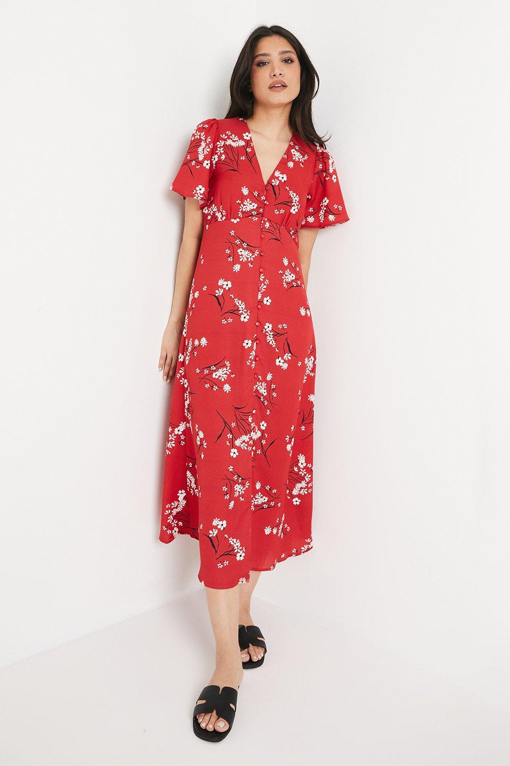 Women’s Floral Button Through Flutter Sleeve Midi Dress - 12