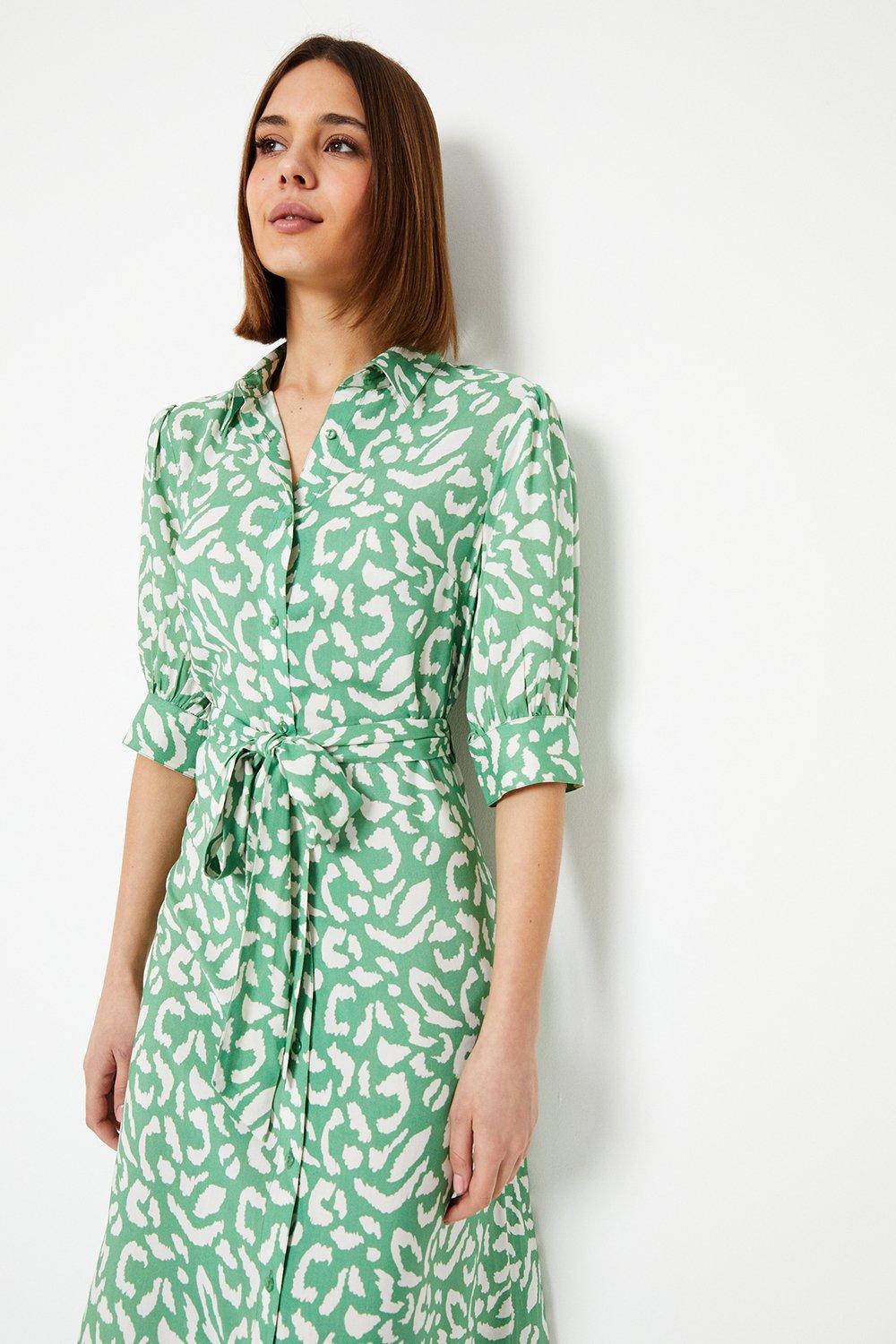 Womens Green Animal Midi Shirt Dress