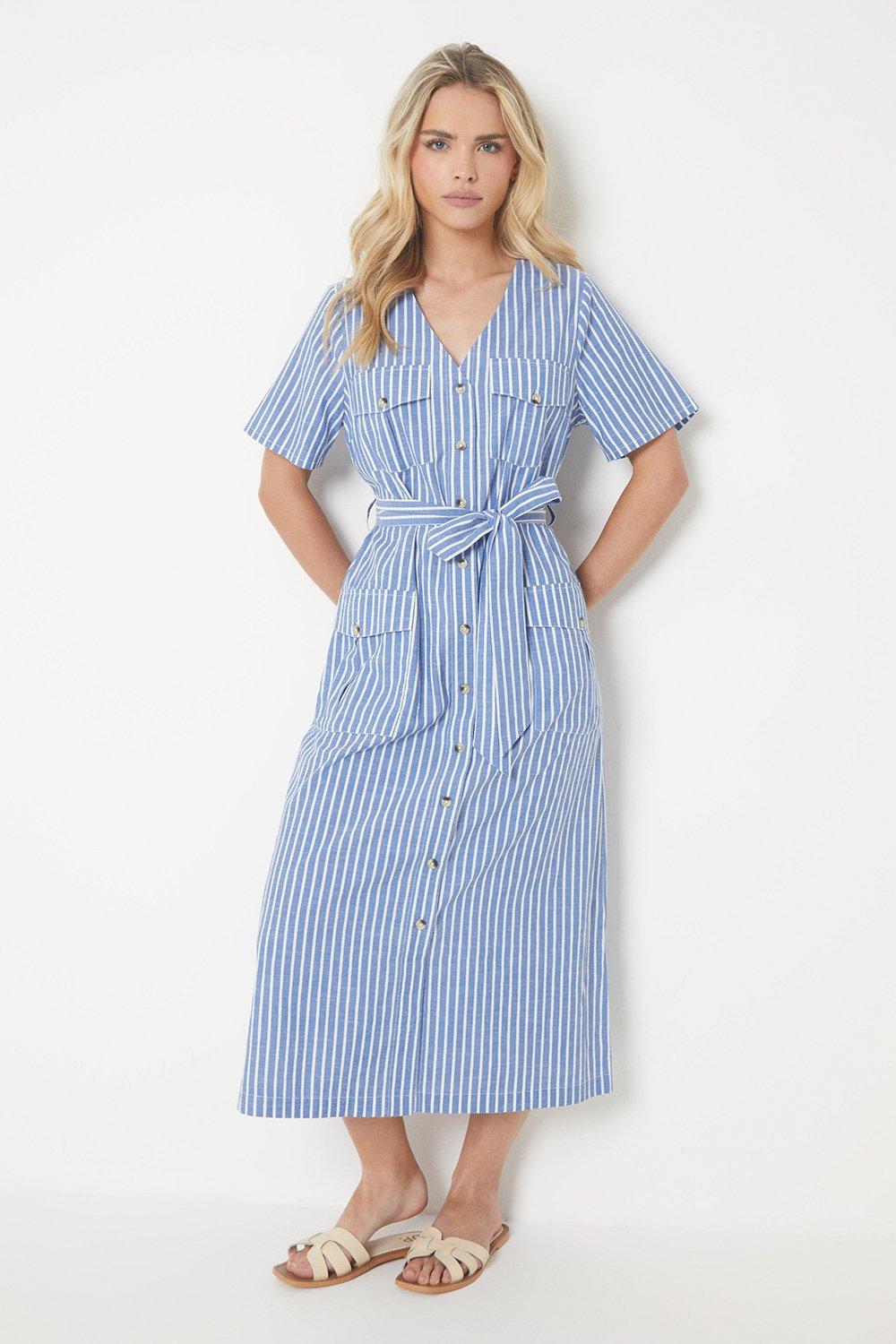 Womens Petite Stripe Poplin Utility Midi Shirt Dress