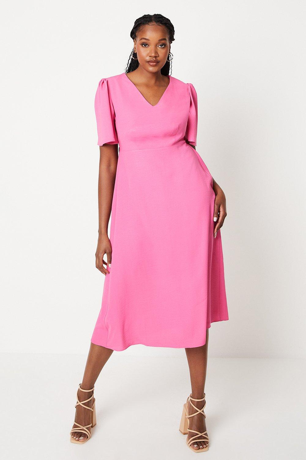 Womens Pink V Neck Angel Sleeve Midi Dress