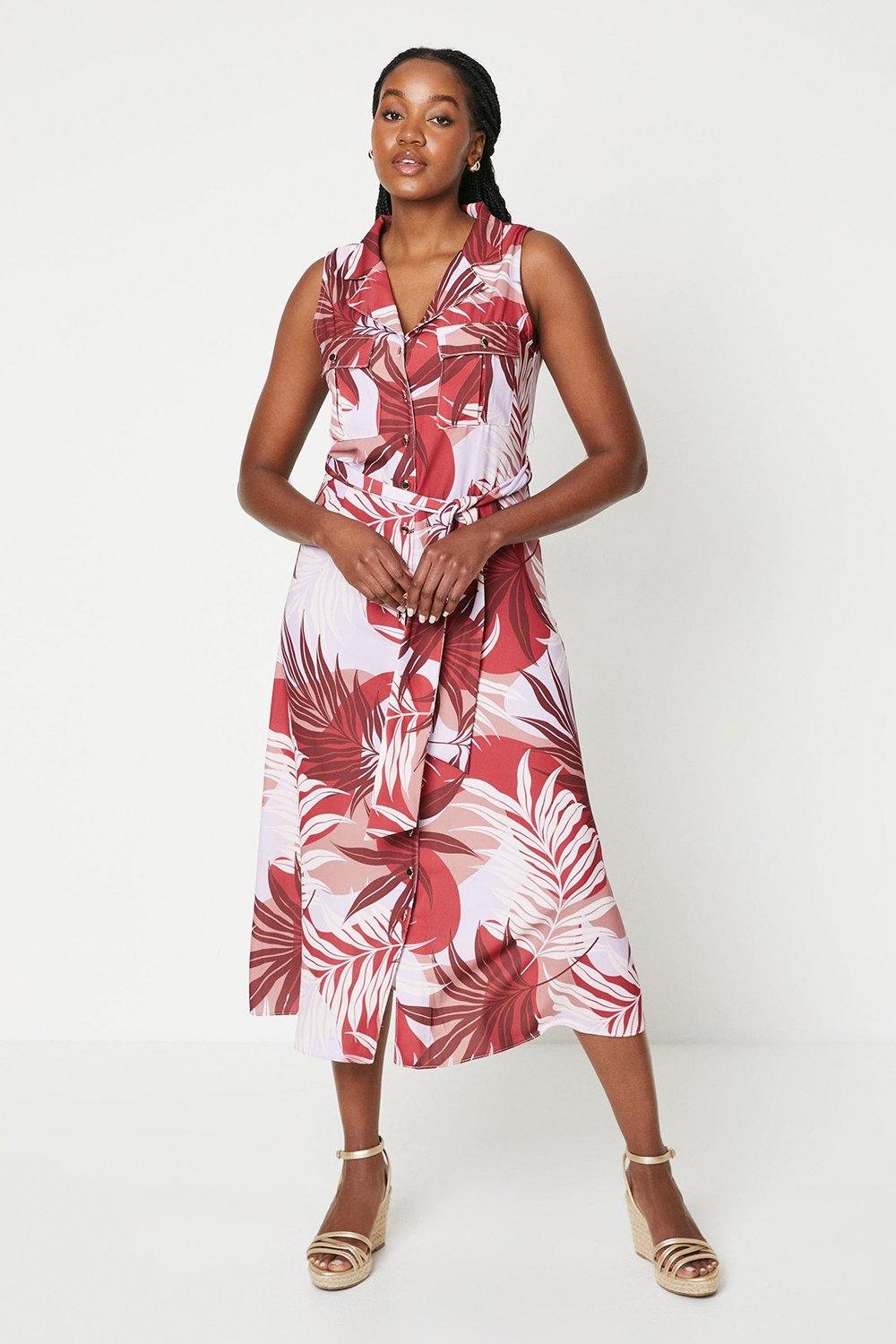 Womens Palm Print Sleeveless Belted Shirt Dress