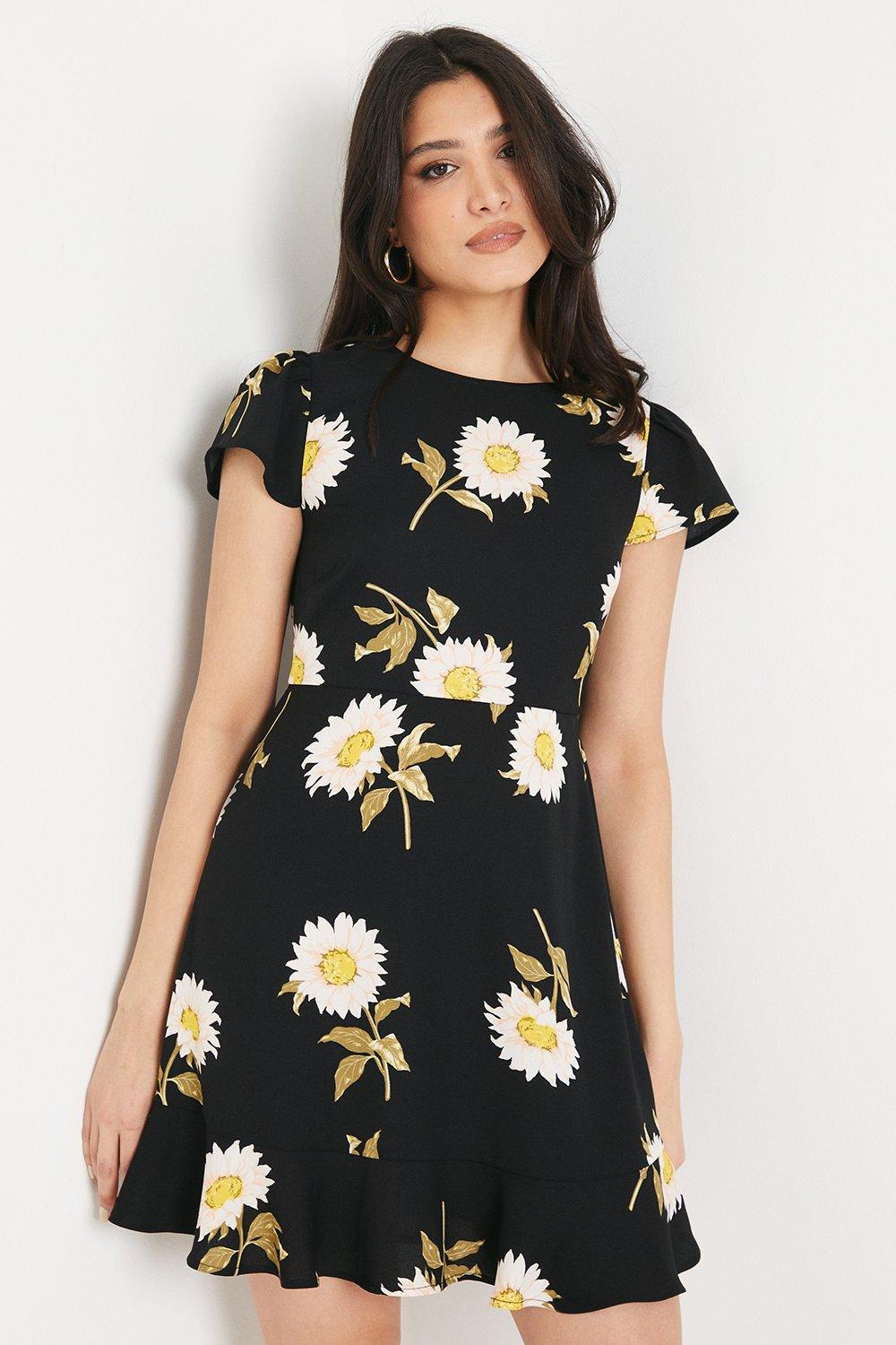 Women’s Black Daisy Flutter Sleeve Tiered Hem Mini Dress - 10