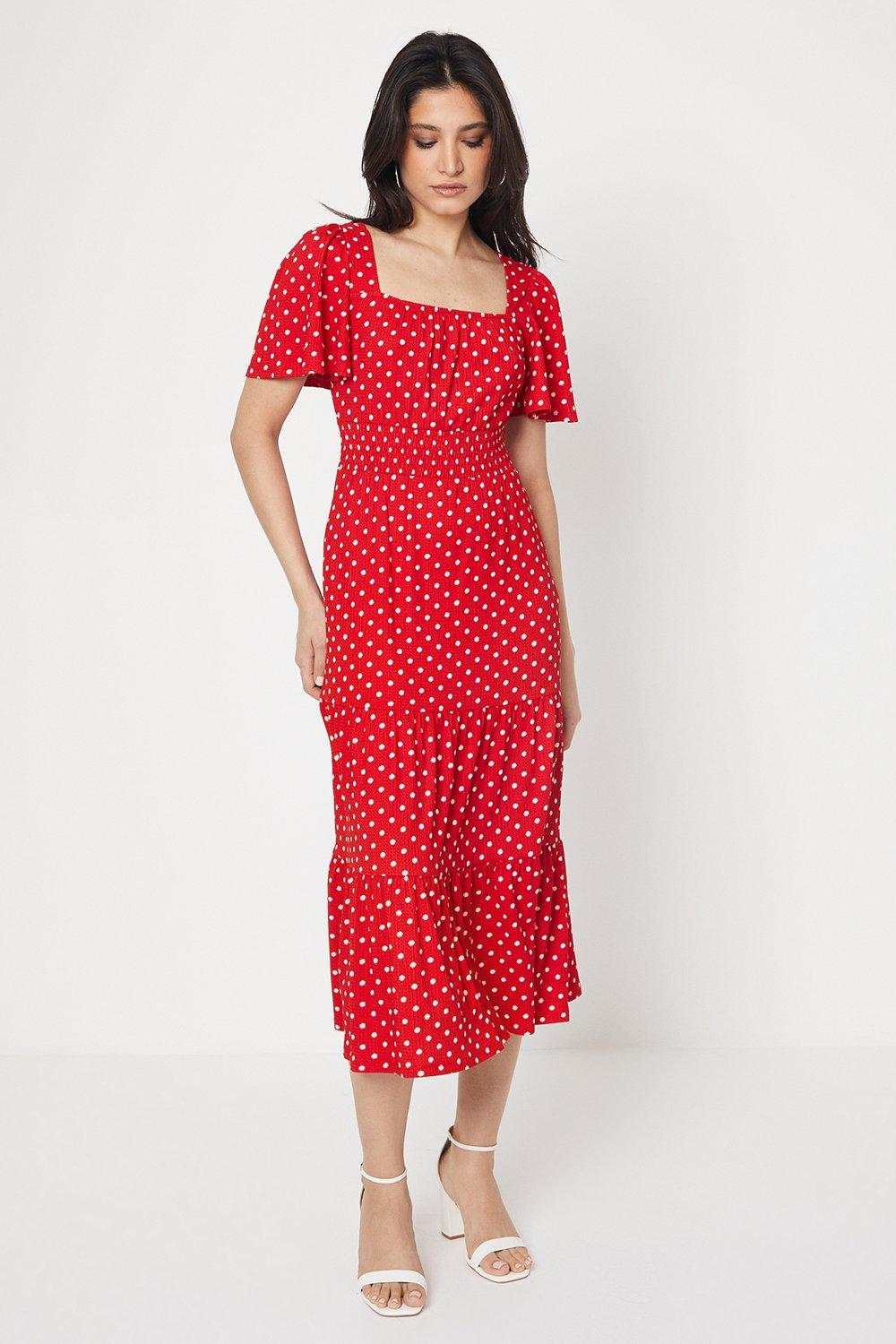 Womens Red Spot Tiered Flutter Sleeve Midi Dress