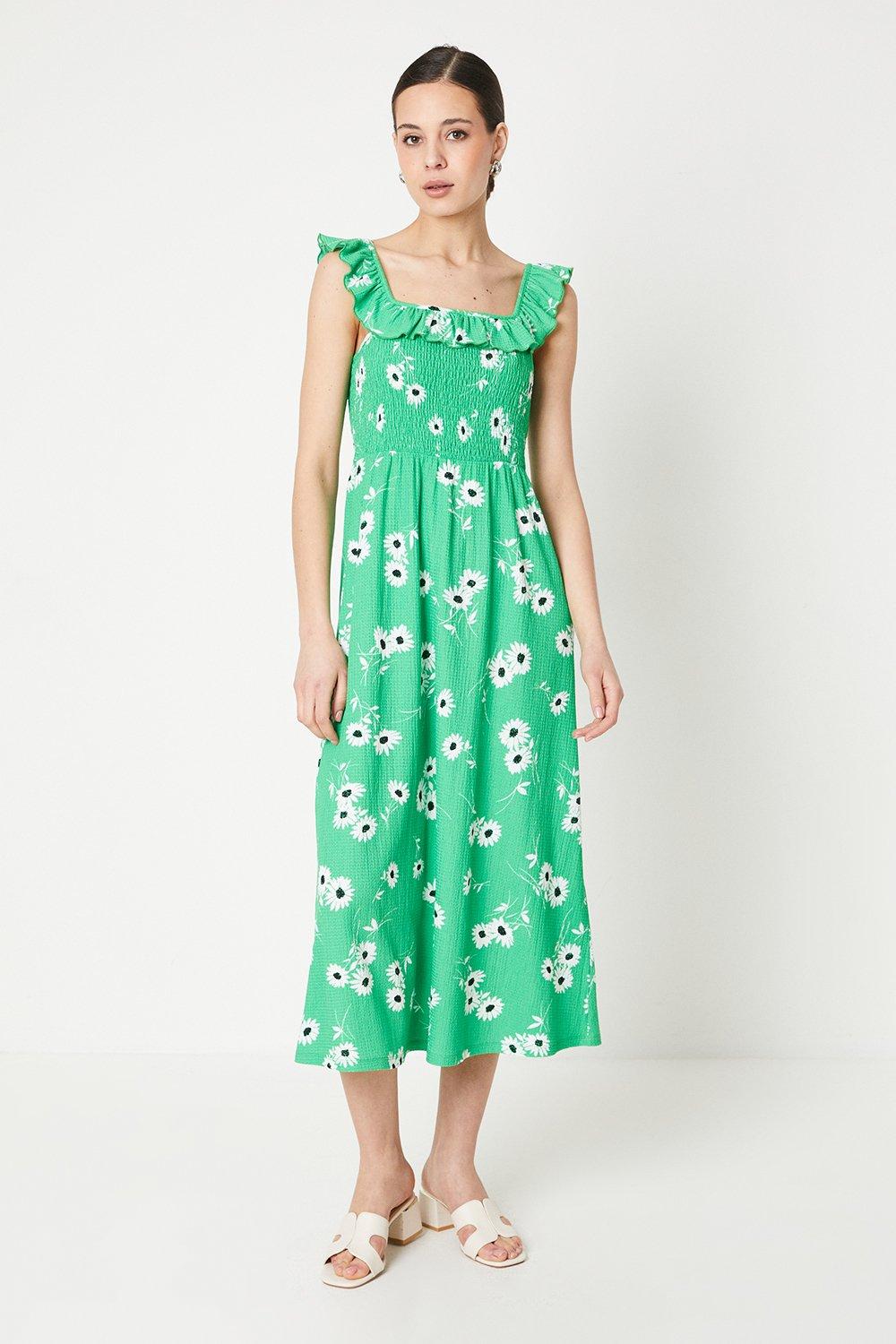 Womens Green Floral Shirred Bodice Ruffle Detail Midi Dress