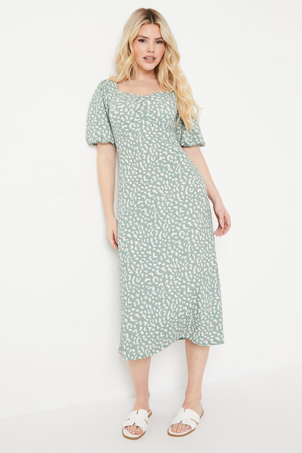 Womens Sage Animal Ruched Front Puff Sleeve Midi Dress