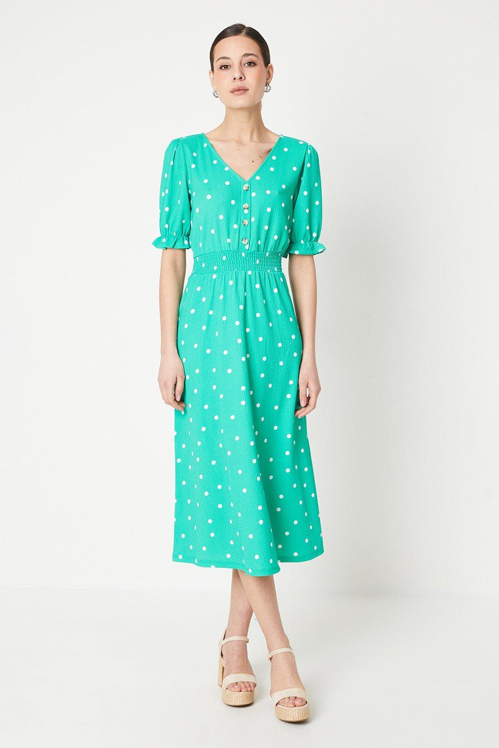 Womens Green Spot Shirred Waist Button Detail Midi Dress