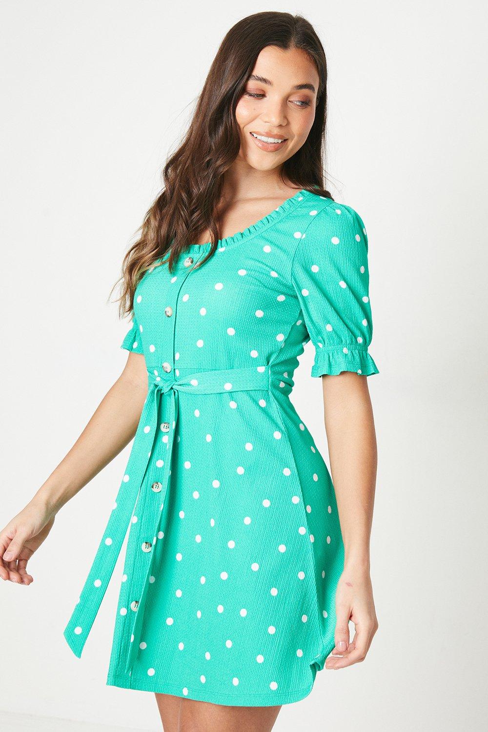 Womens Petite Green Spot Tie Front Sweetheart Mini Dress