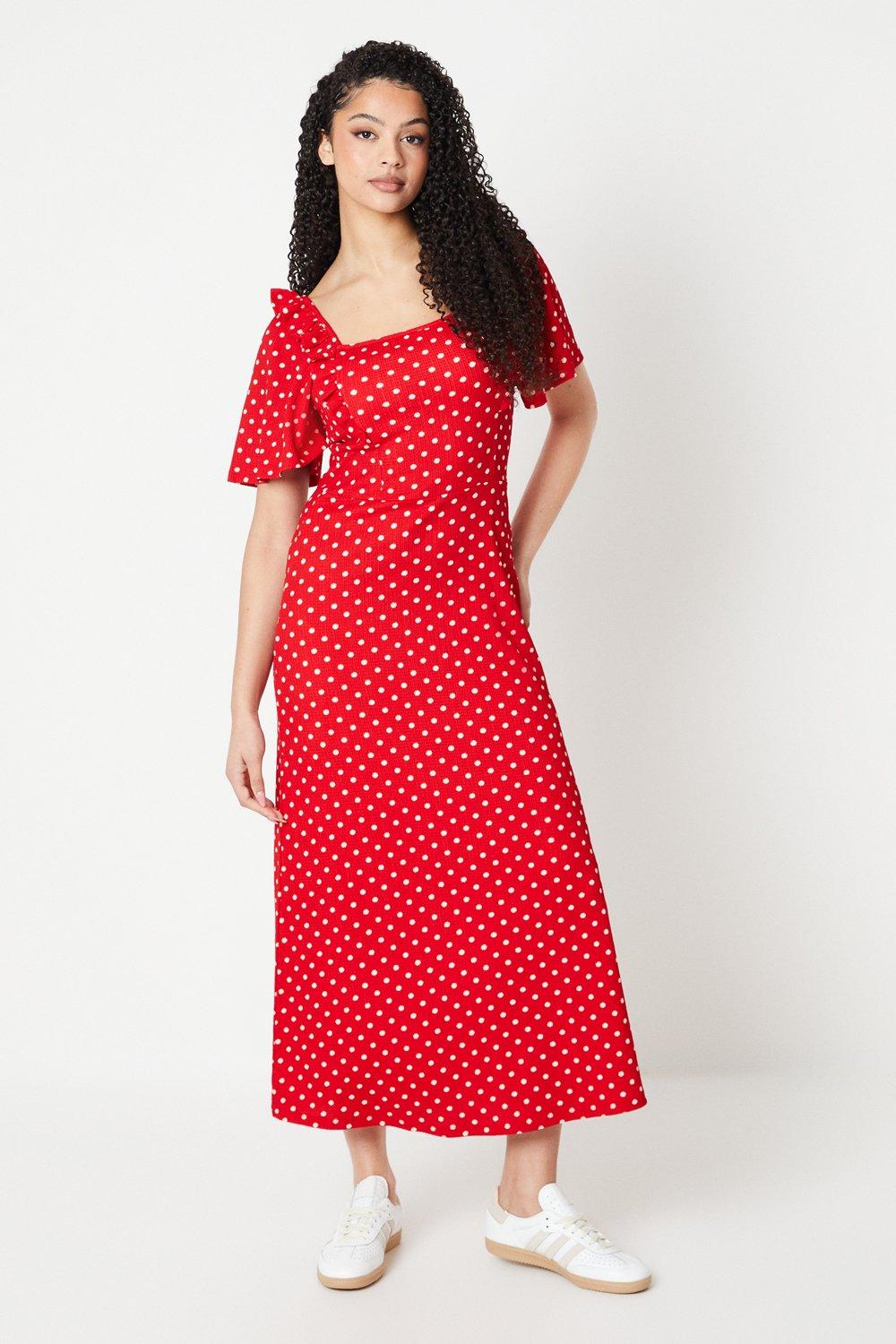 Womens Tall Red Spot Frill Detail Flutter Sleeve Midi Dress