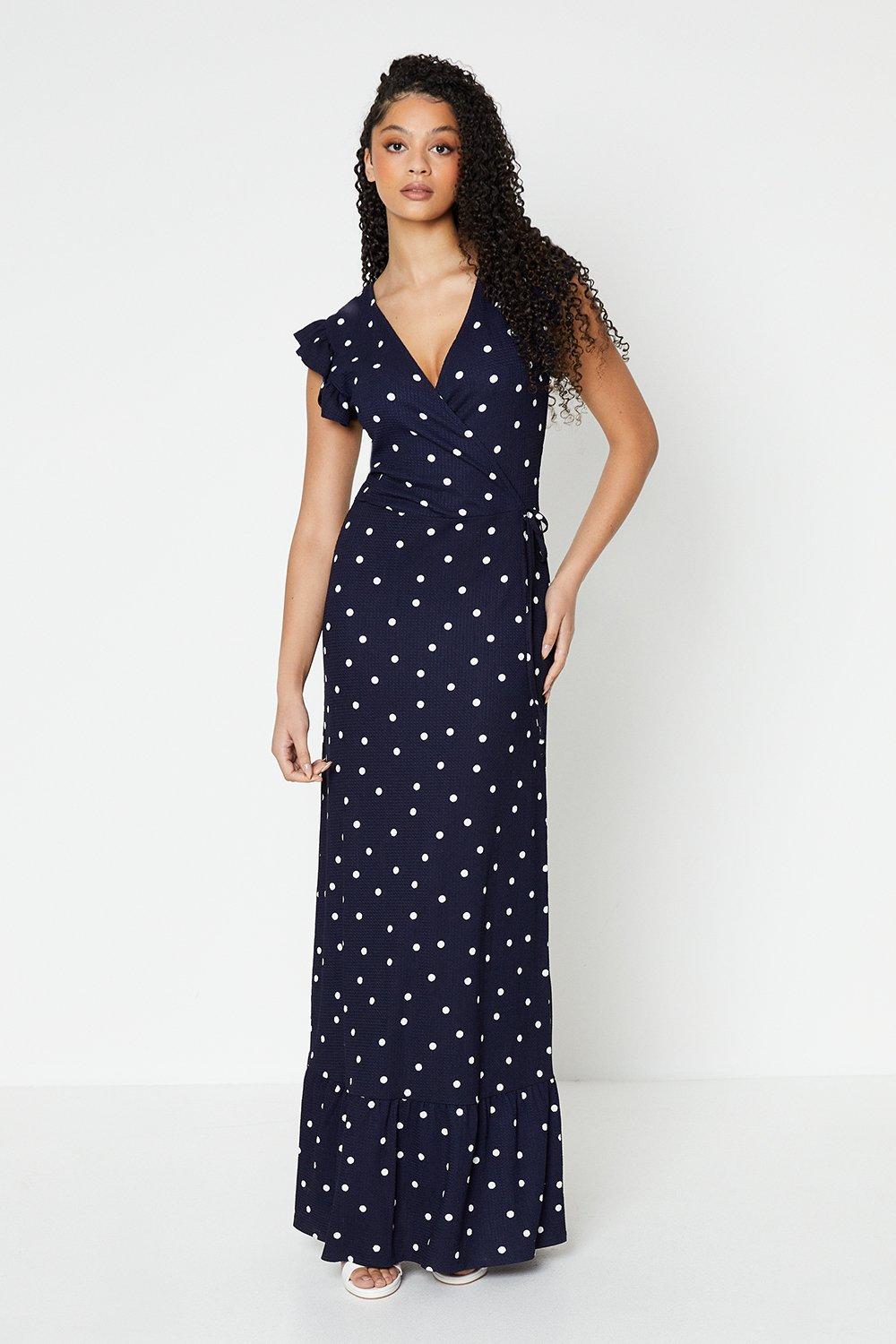 Womens Tall Navy Spot Frill Sleeve Wrap Maxi Dress