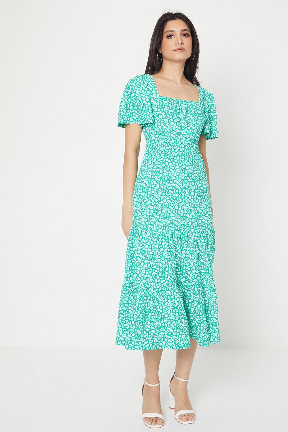 Womens Green Ditsy Square Neck Tiered Flutter Sleeve Midi Dress