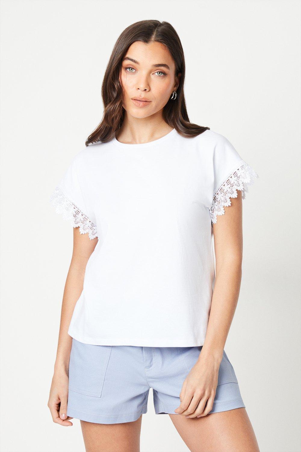 Womens Petite Lace Trim Detail T-shirt