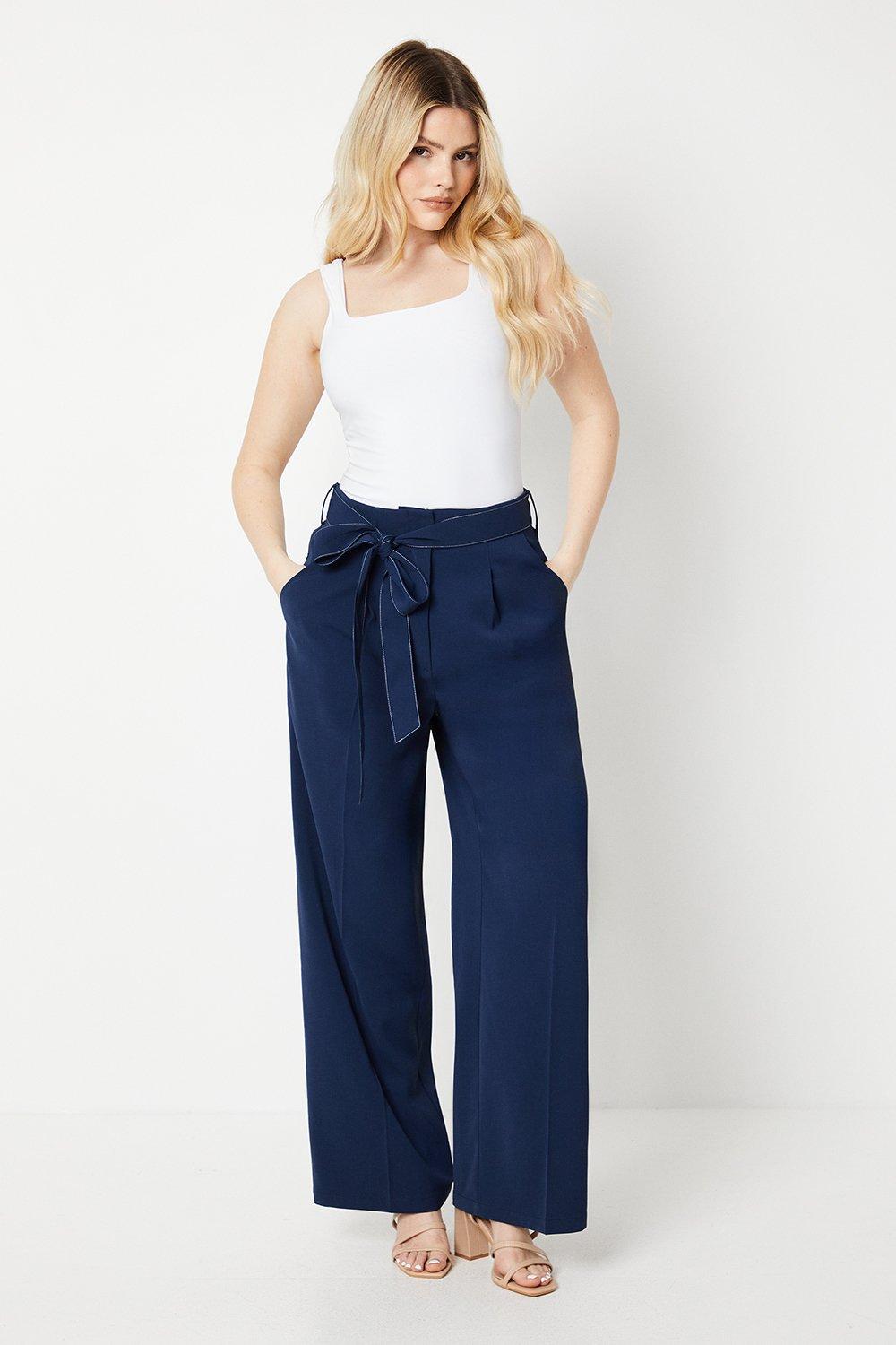 Womens Top Stitch Belted Straight Leg Trouser