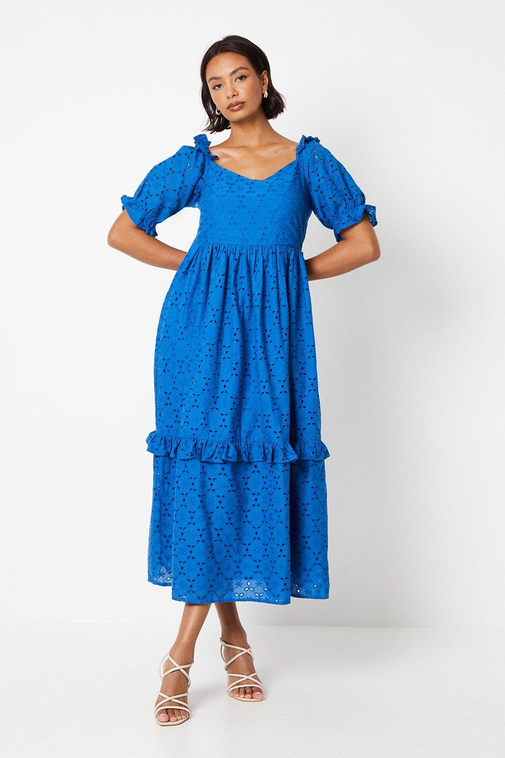 Womens Broderie Frill Sleeve Tiered Midi Dress