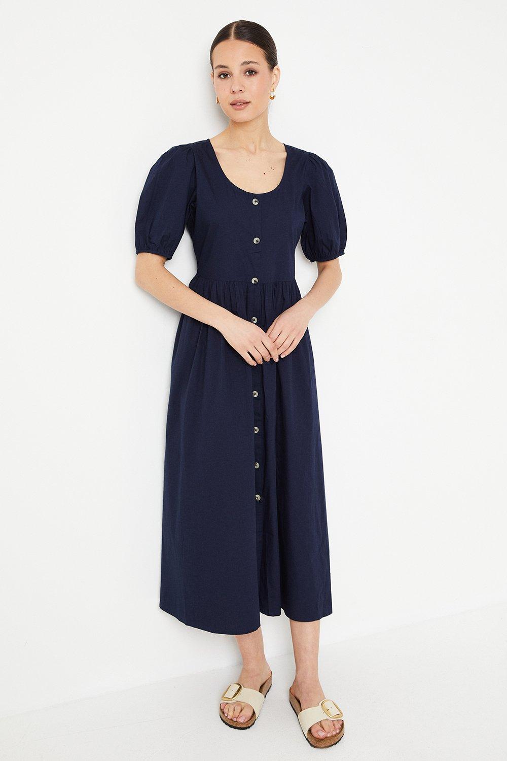 Womens Poplin Button Through Puff Sleeve Midi Dress