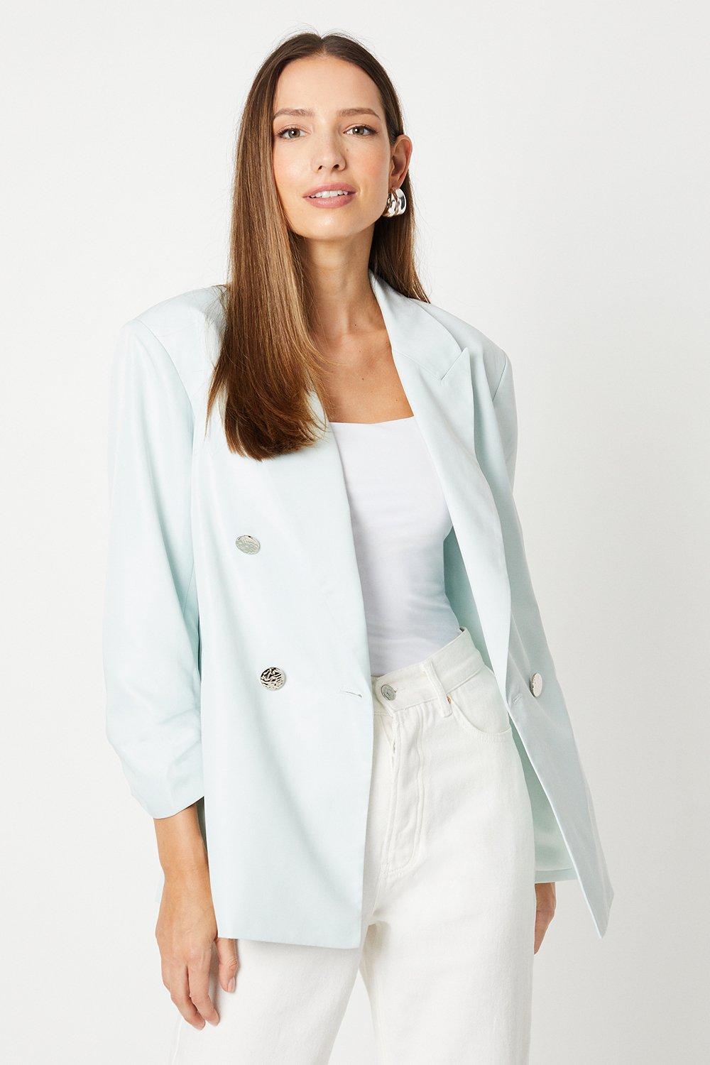 Womens Ruched Sleeve Double Breasted Blazer