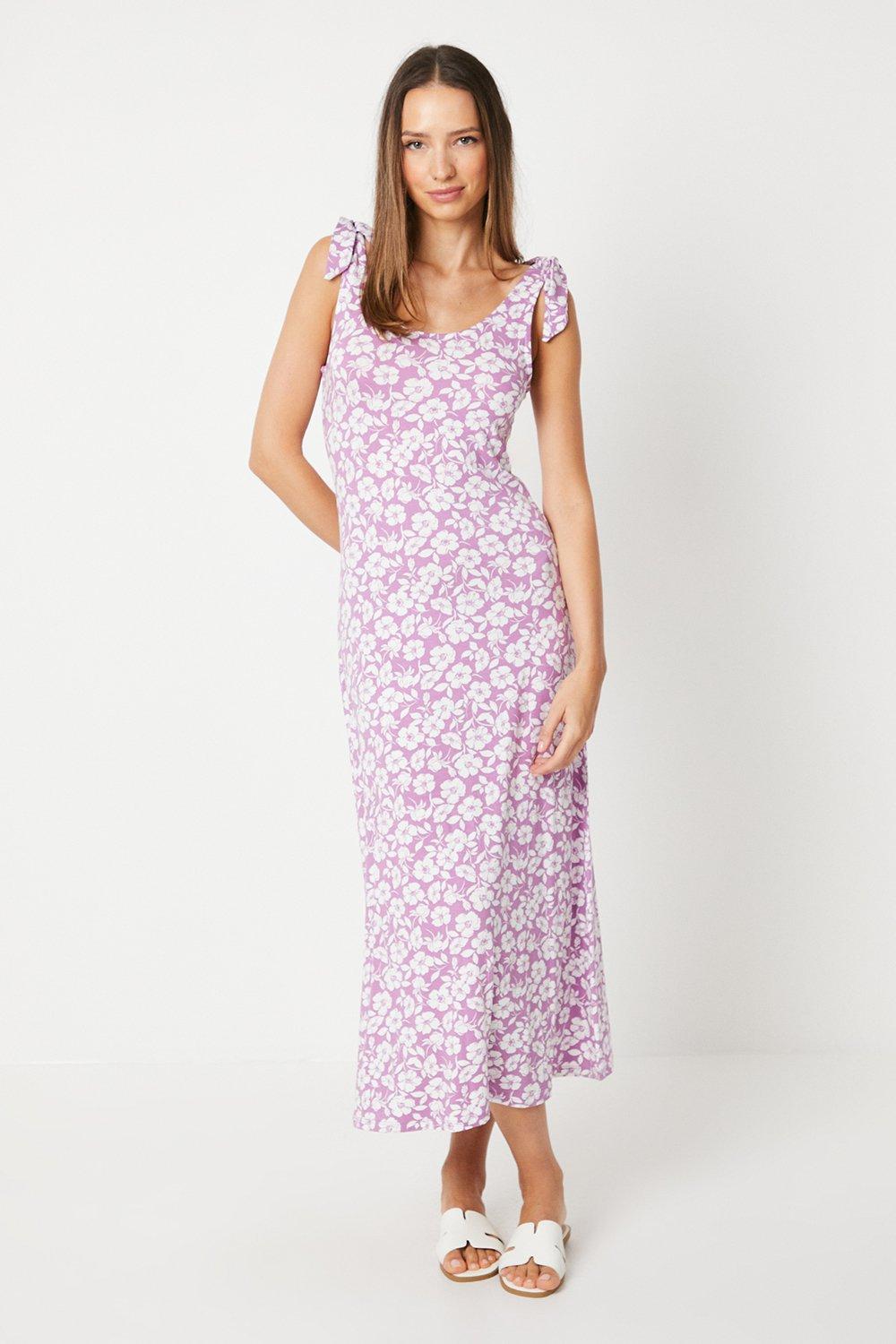 Womens Lilac Floral Tie Shoulder Midi Dress