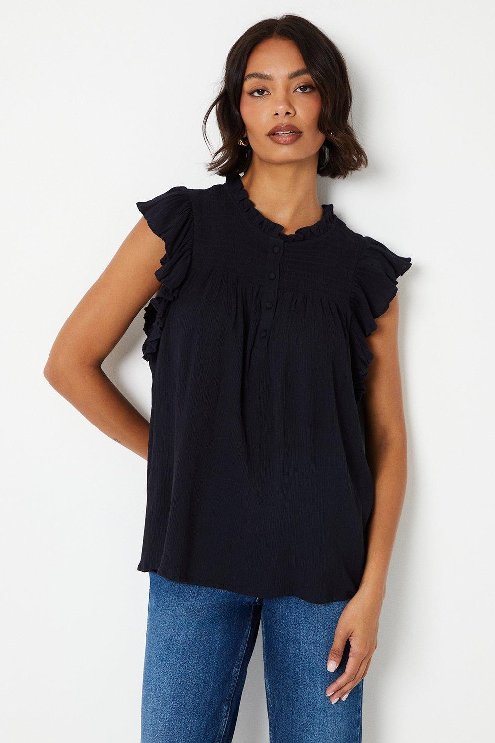 Womens Crinkle Button Front Shell Blouse