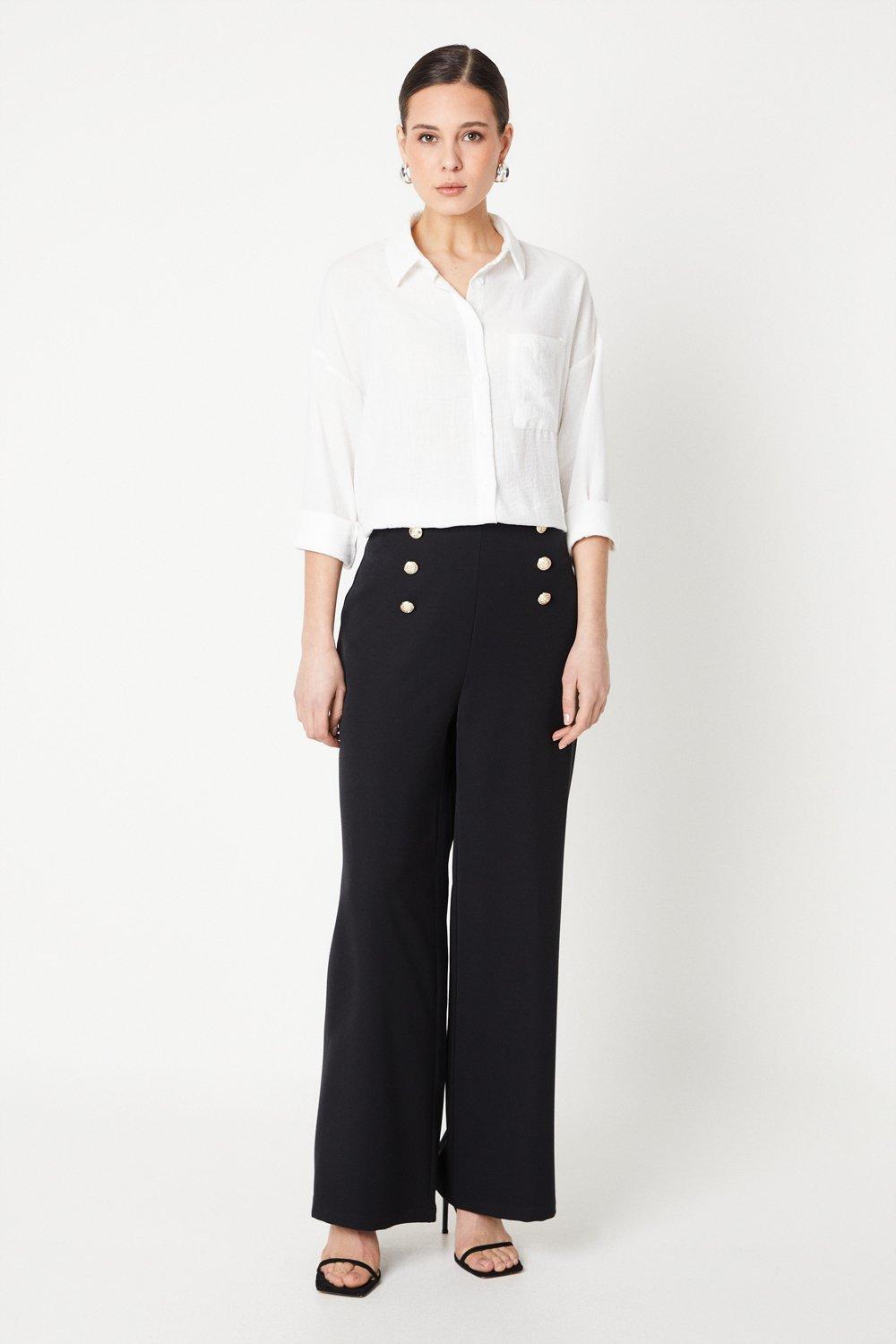 Womens Button Front Straight Leg Trousers