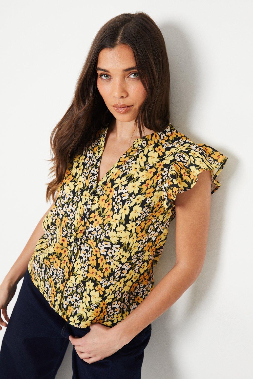Womens Petite Yellow Floral Button Front Ruffle Shell Top