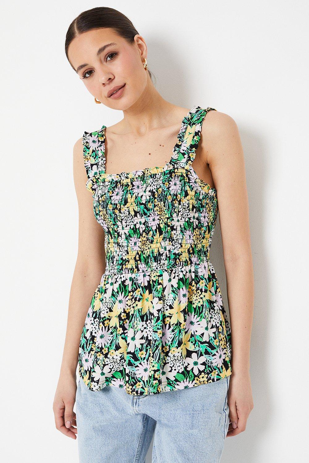 Womens Green Floral Shirred Cami Top