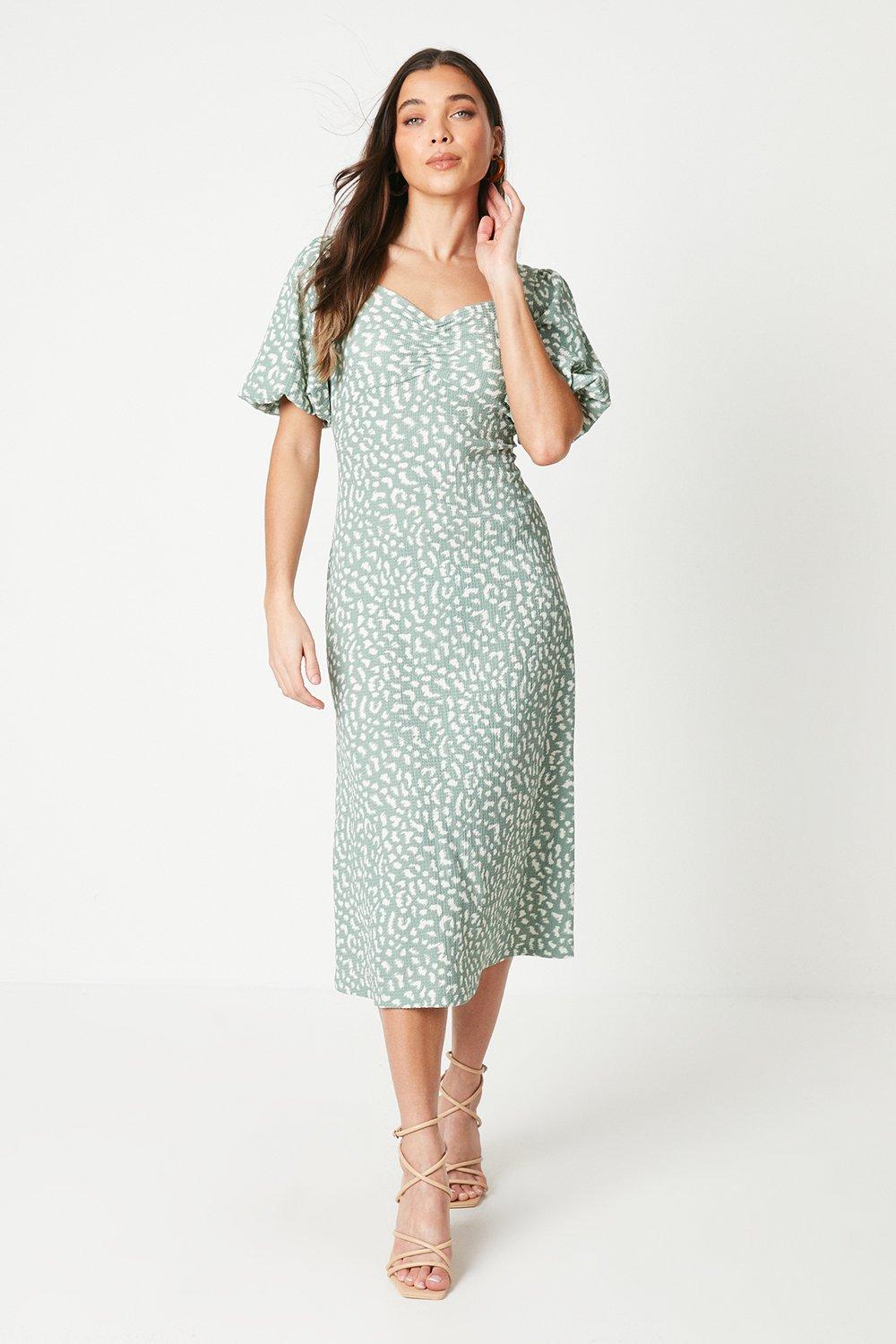 Womens Petite Green Animal Ruched Front Puff Sleeve Midi Dress