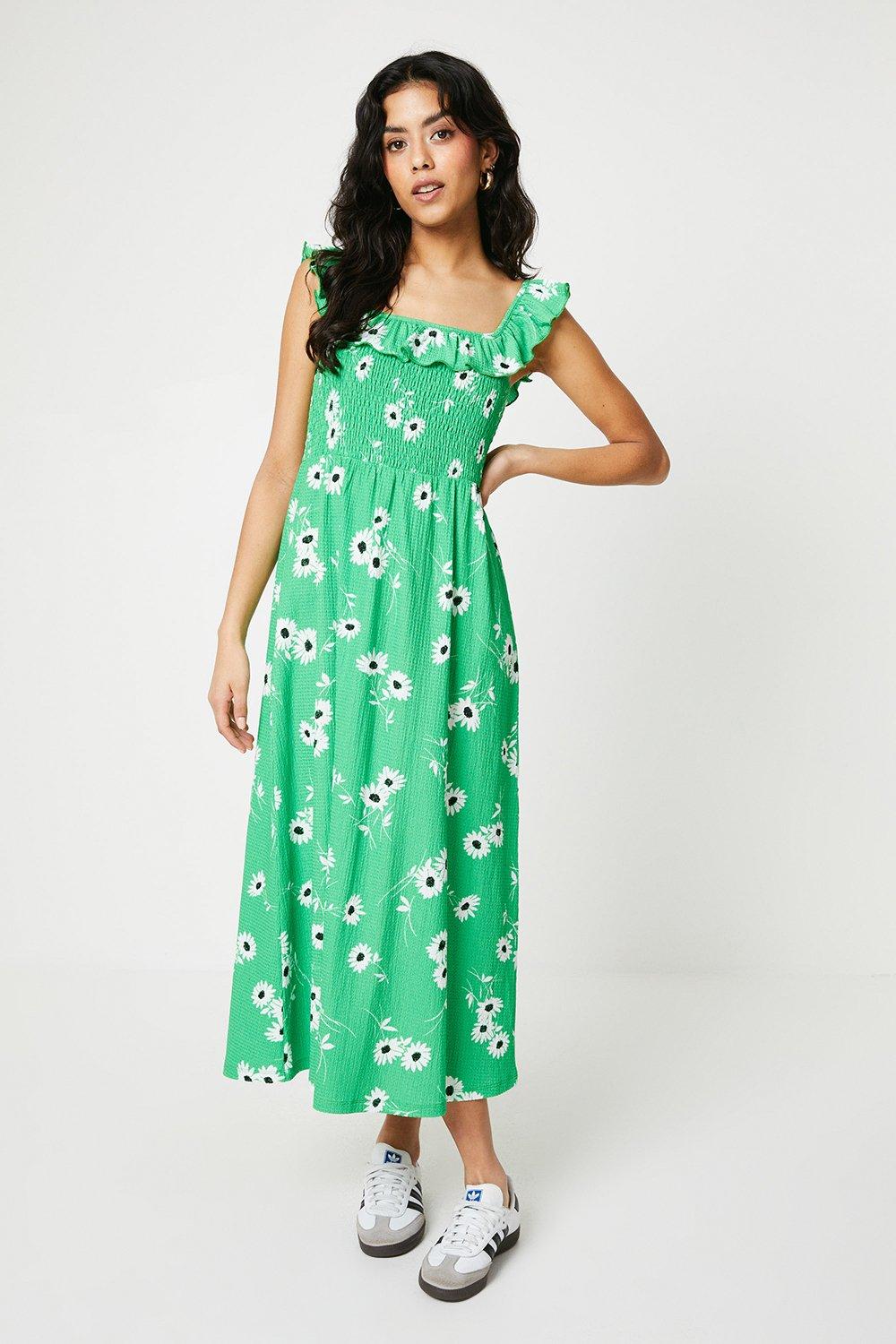 Womens Petite Green Floral Shirred Body Frill Neck Midi Dress