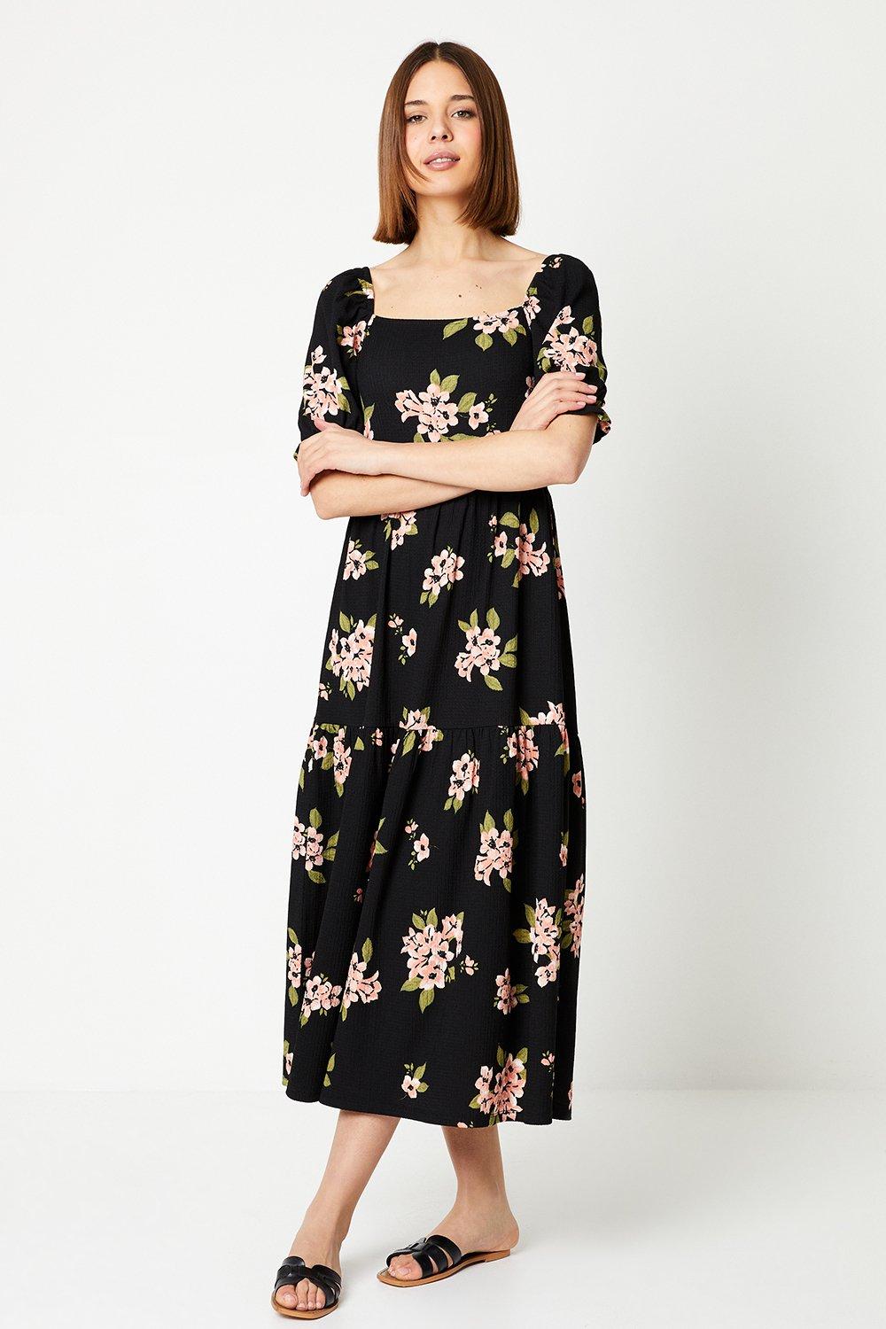 Womens Floral Square Neck Tiered Midi Dress