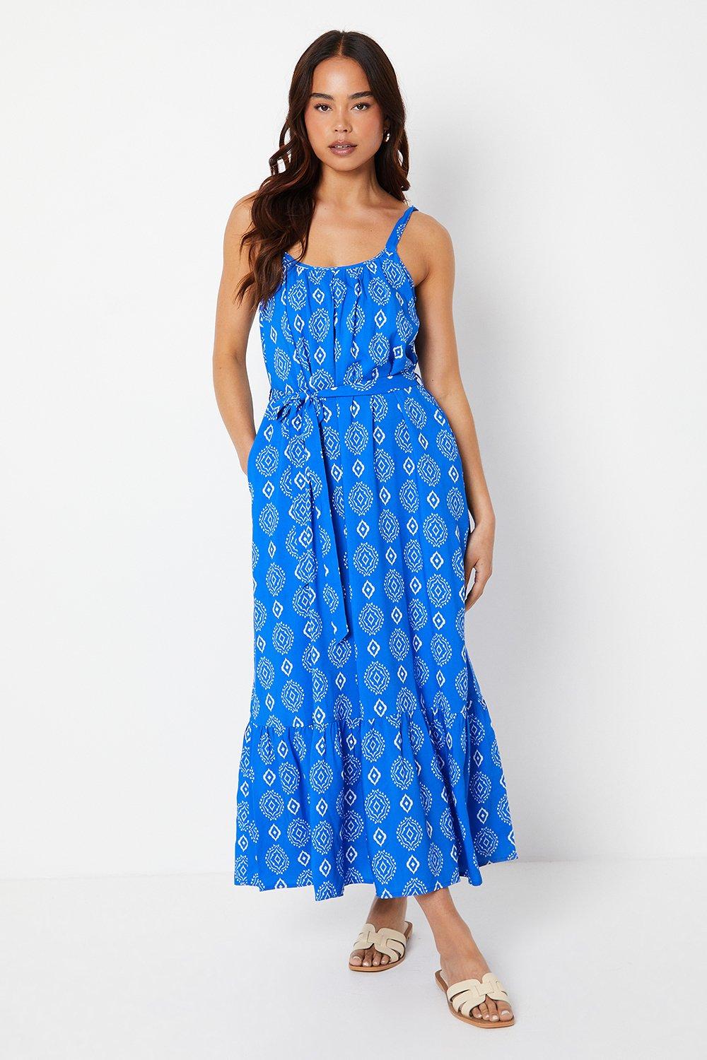 Womens Petite Blue Tile Tiered Pocket Midi Dress