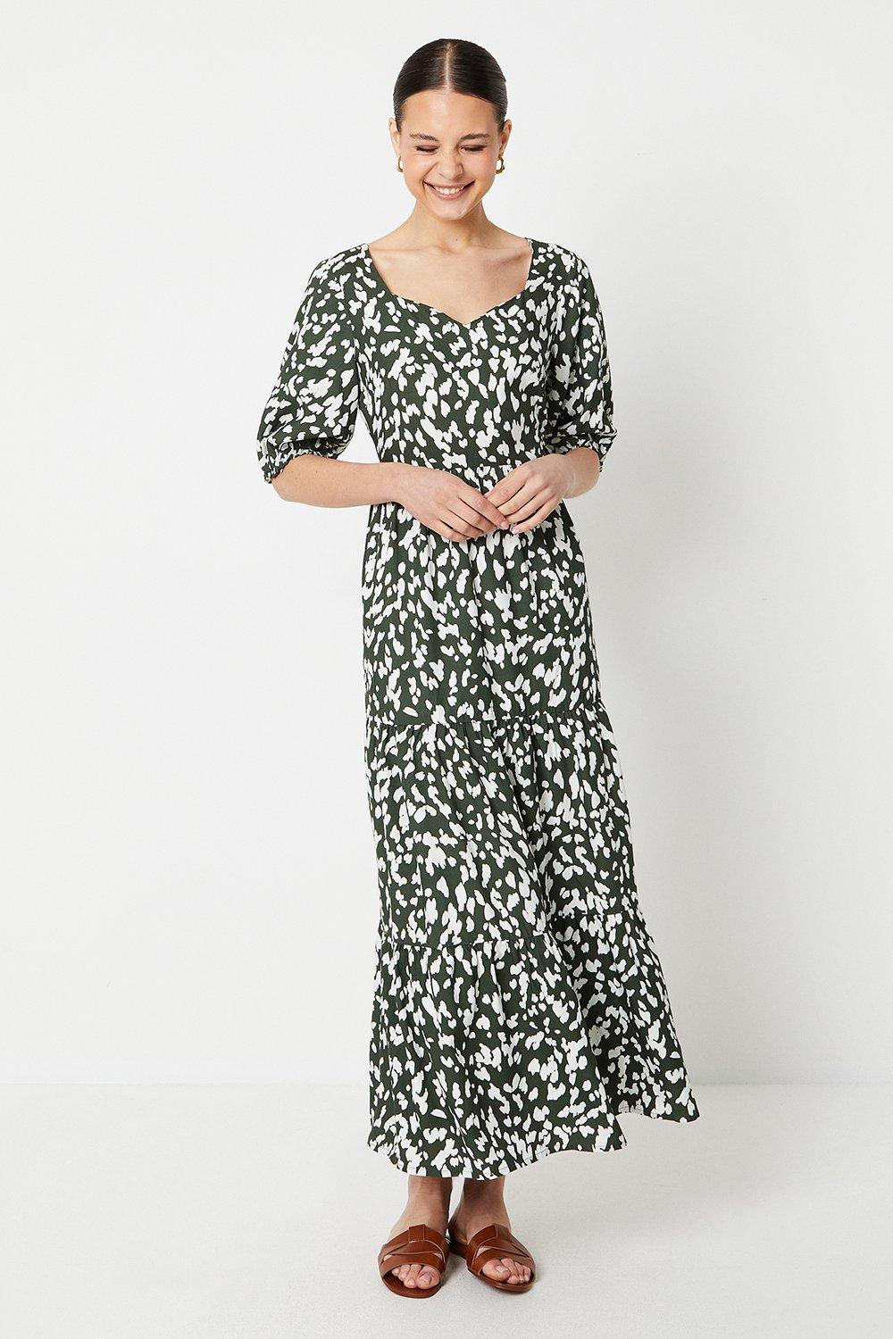 Women’s Abstract Tiered Puff Sleeve Midi Dress - khaki - 10