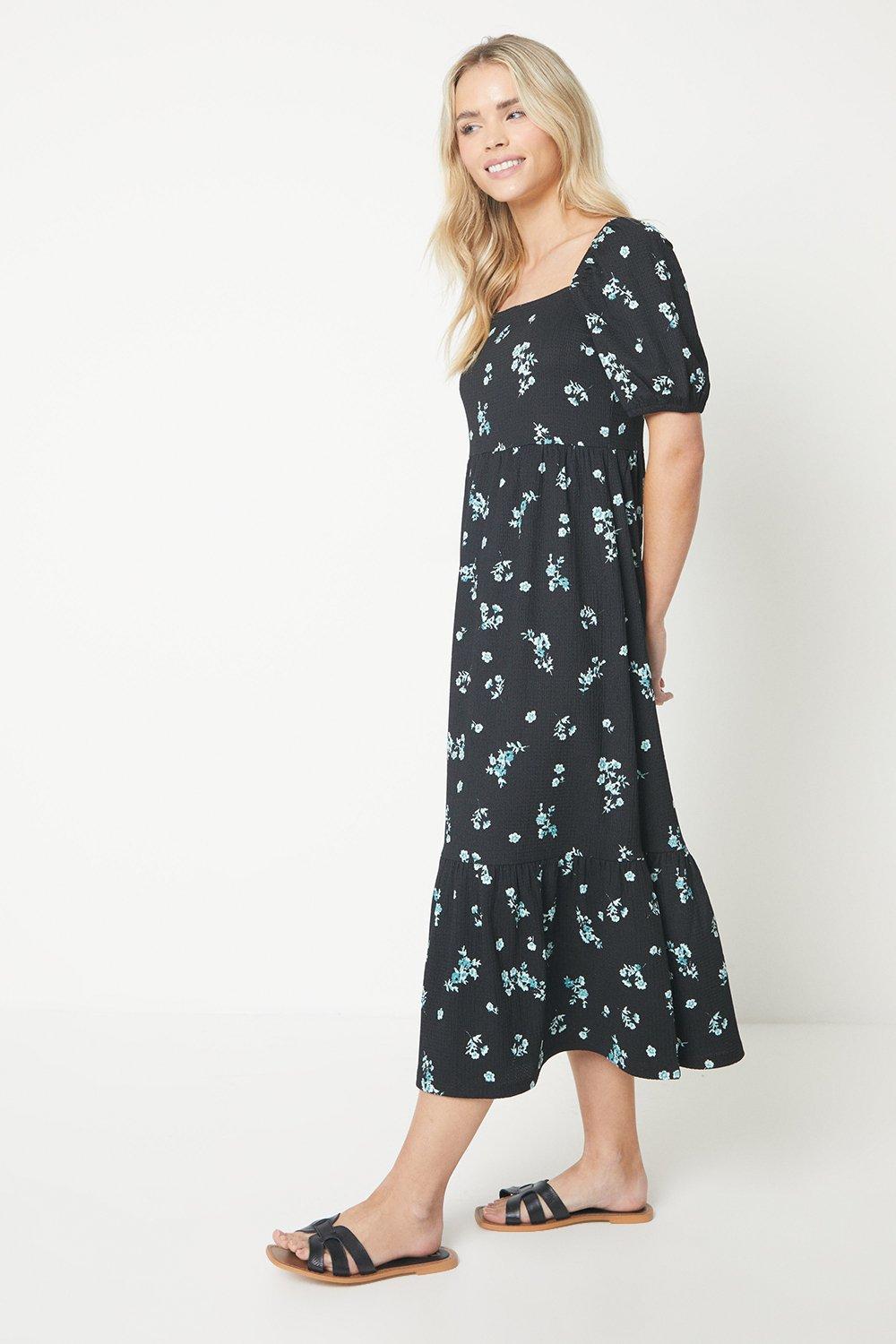 Womens Petite Floral Square Neck Tiered Midi Dress