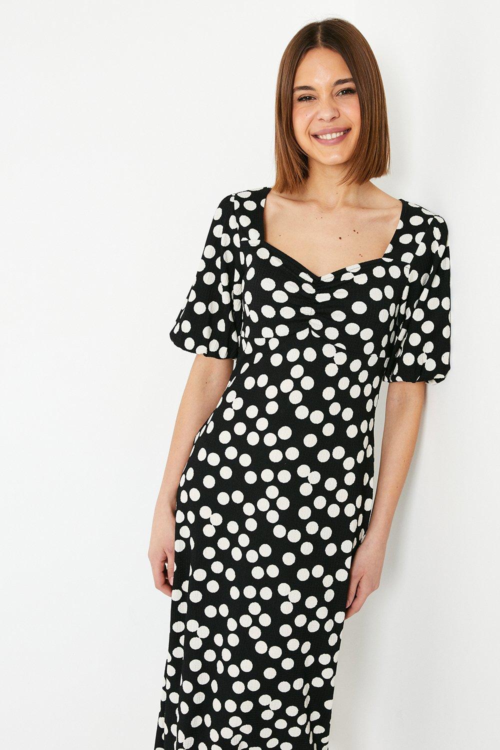 Womens Spot Ruched Front Puff Sleeve Midi Dress