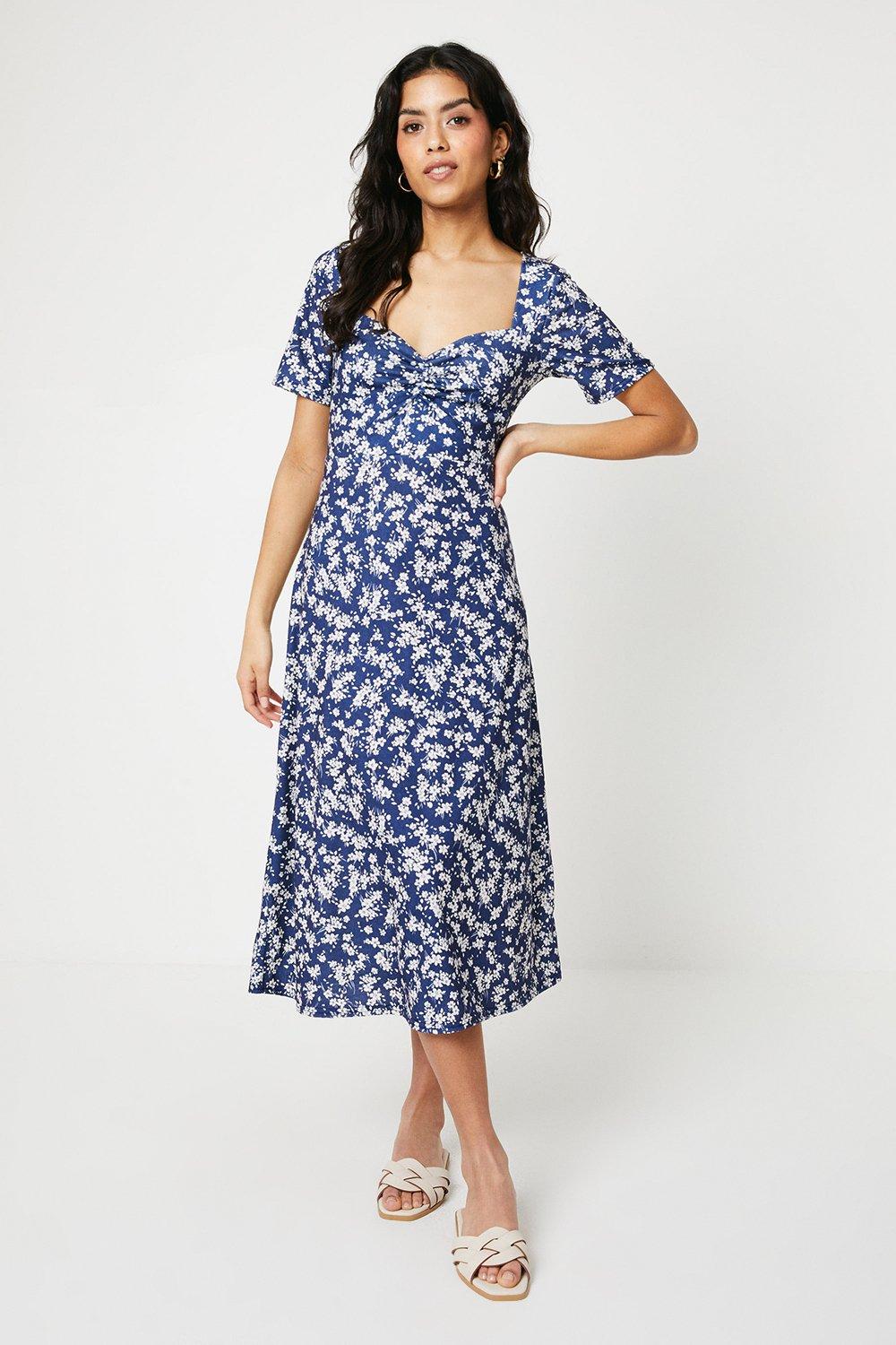 Womens Petite Navy Ditsy Ruched Front Midi Dress