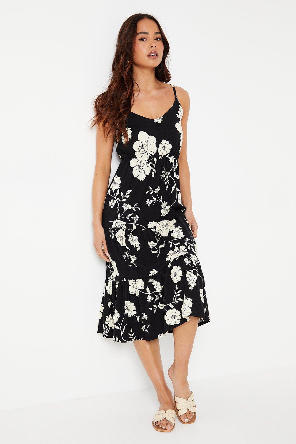 Womens Petite Floral Tiered Strappy Midi Dress