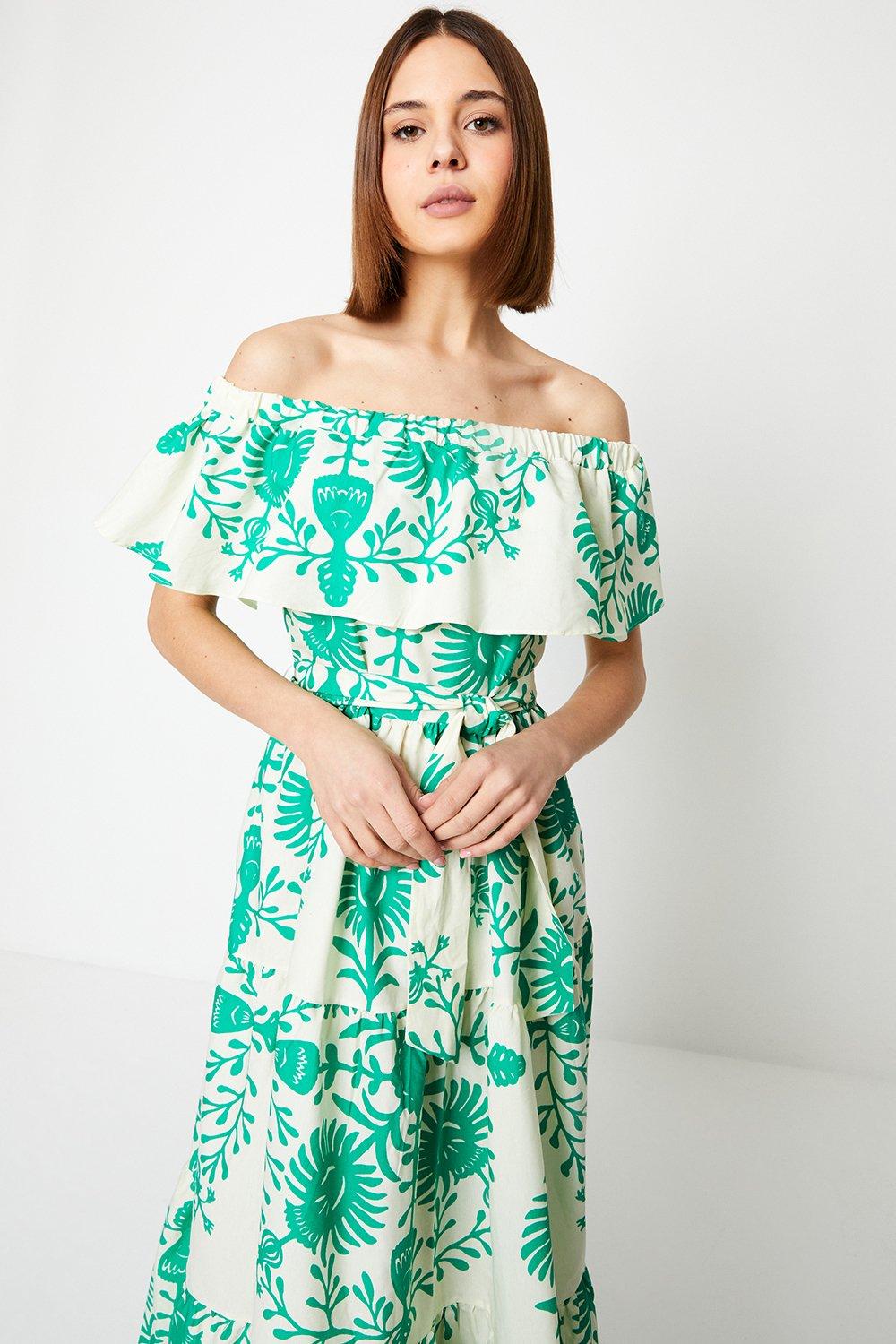 Womens Green Floral Tiered Bardot Midi Dress