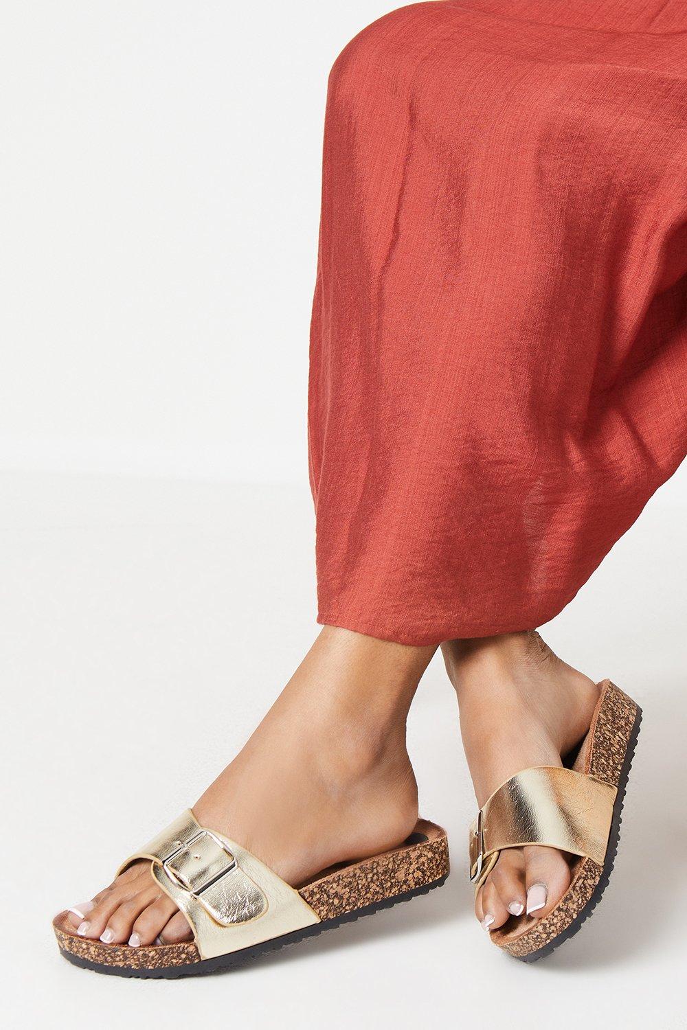 Womens Farris Metallic Buckle Strap Footbed Slider Sandals