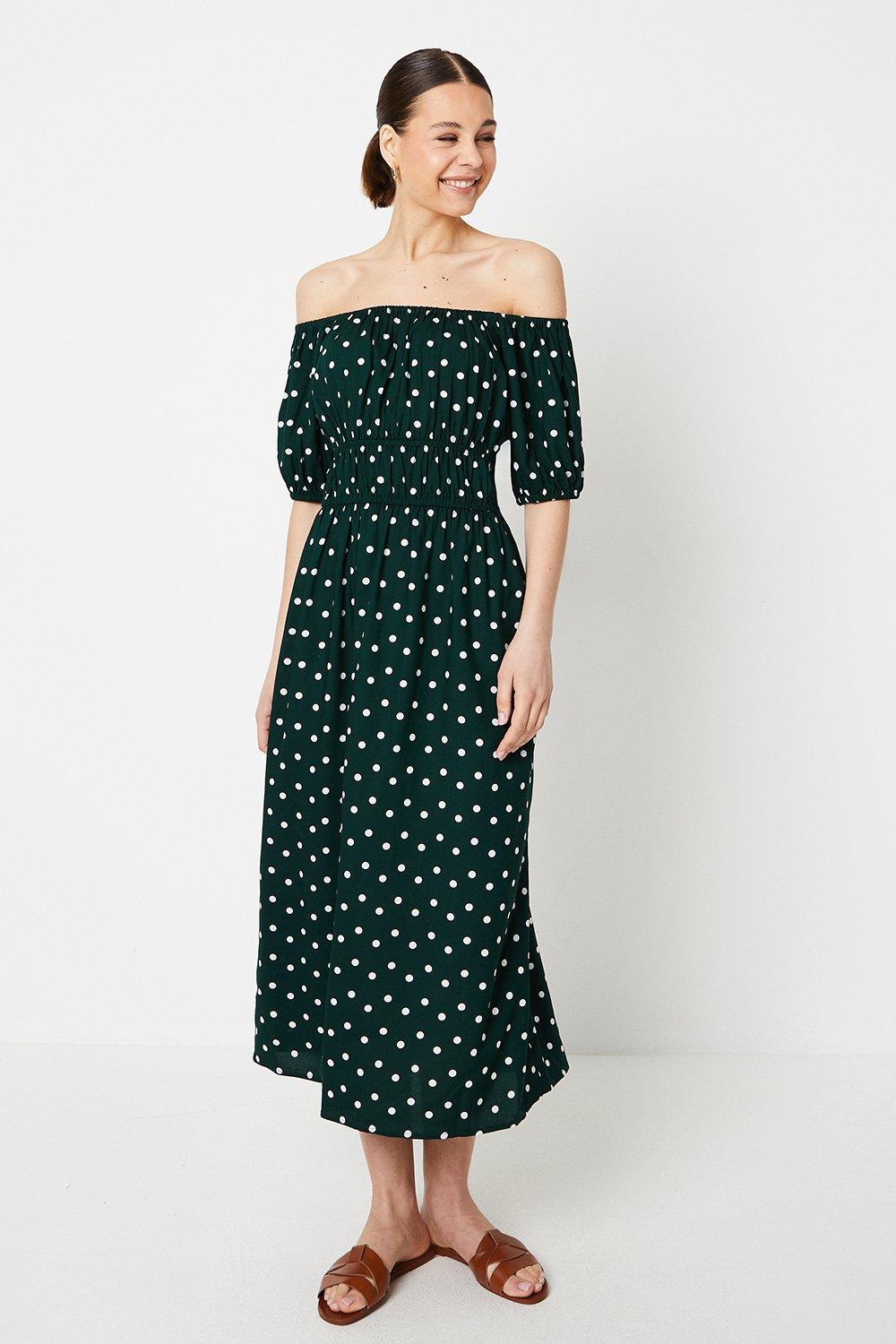 Womens Green Spot Bardot Midi Dress