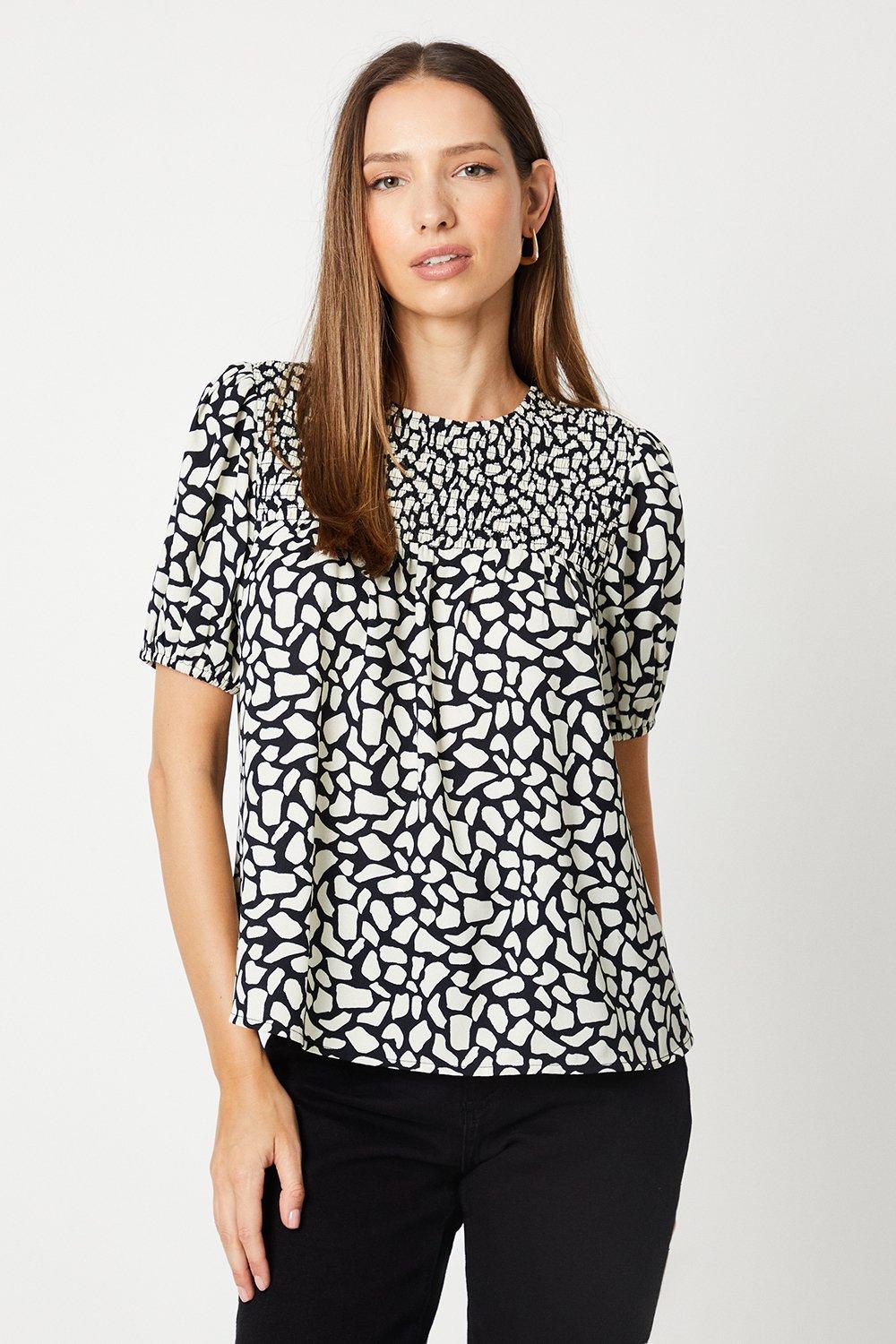 Womens Mono Abstract Shirred Puff Sleeve Blouse
