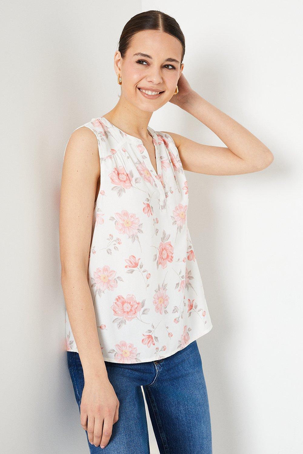 Womens Floral Sleeveless Collarless Blouse
