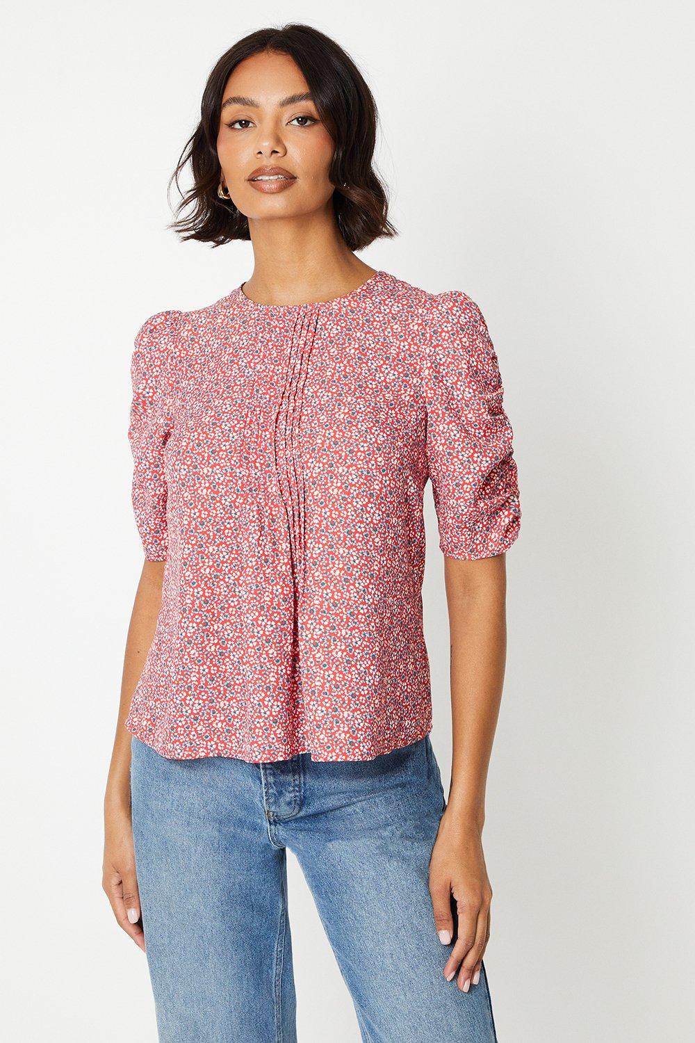 Womens Red Ditsy Ruched Puff Sleeve Blouse