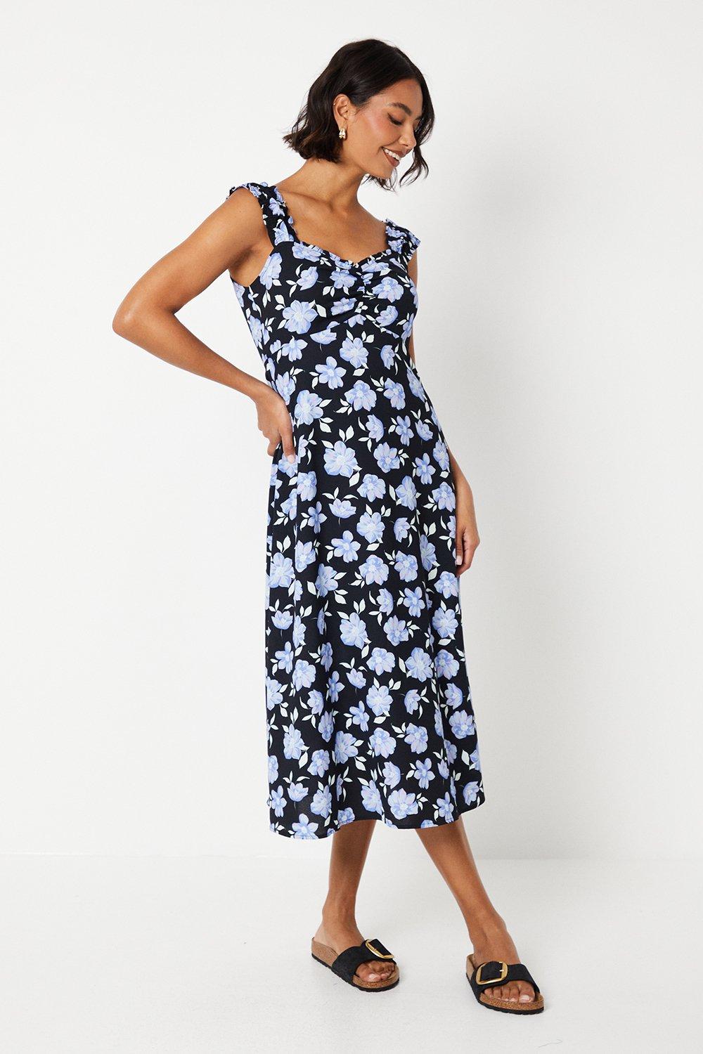Womens Blue Floral Ruched Front Sleeveless Midi Dress
