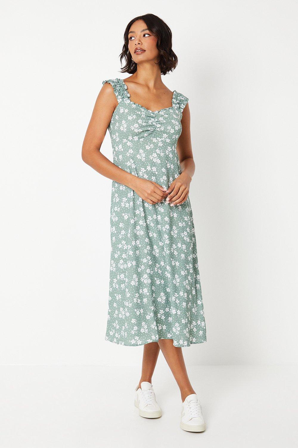 Womens Sage Floral Ruched Front Sleeveless Midi Dress