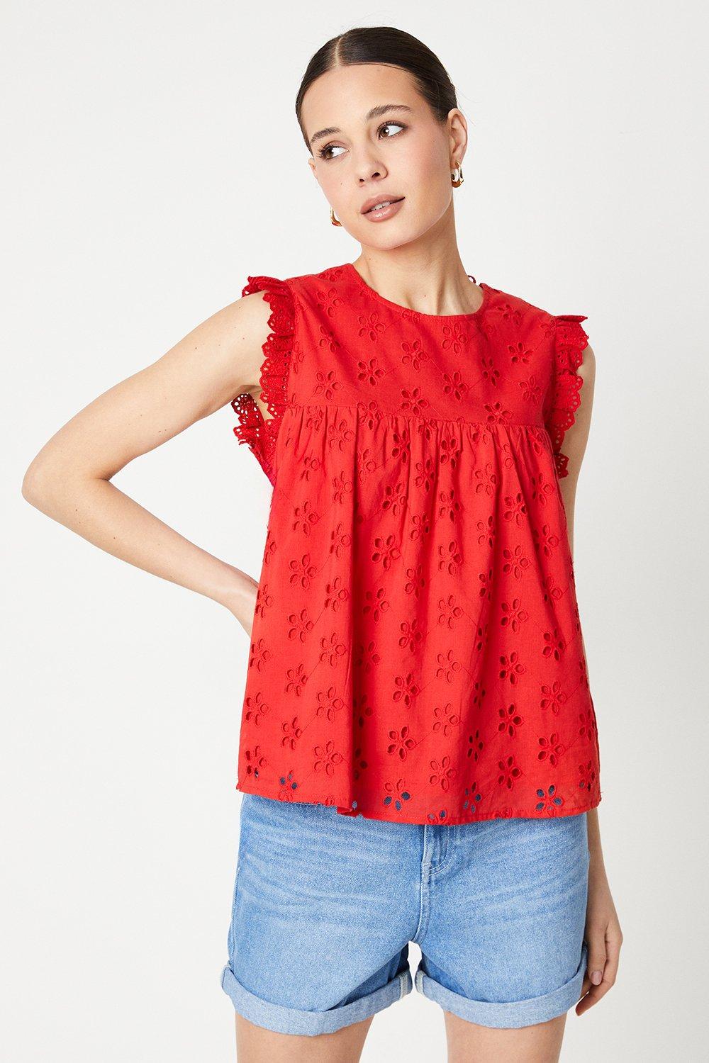 Womens Broderie Frill Sleeve Cut Out Back Top