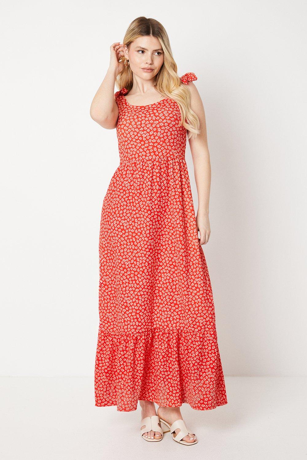 Womens Red Floral Tie Shoulder Tiered Midi Dress