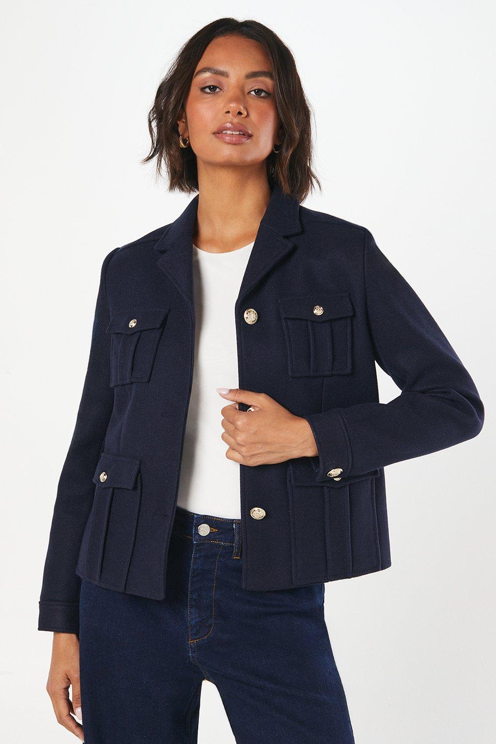 womens military button wool short jacket