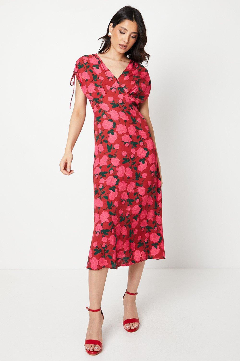 Womens Red Floral Ruched Sleeve V Neck Midi Dress