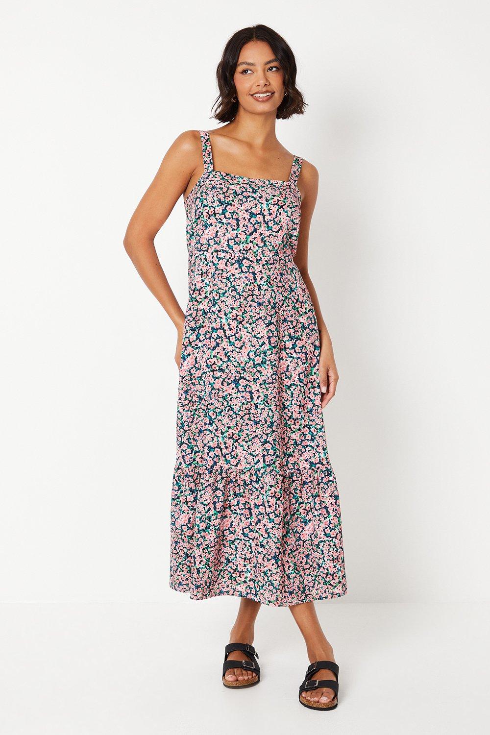 Womens Ditsy Floral Tiered Strappy Midi Dress