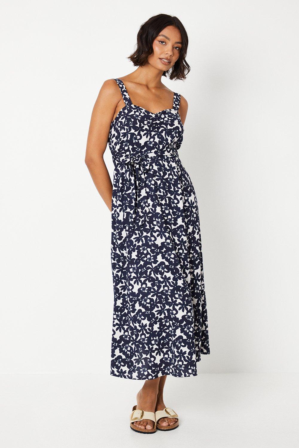 Womens Floral Ruched Front Strappy Midi Dress