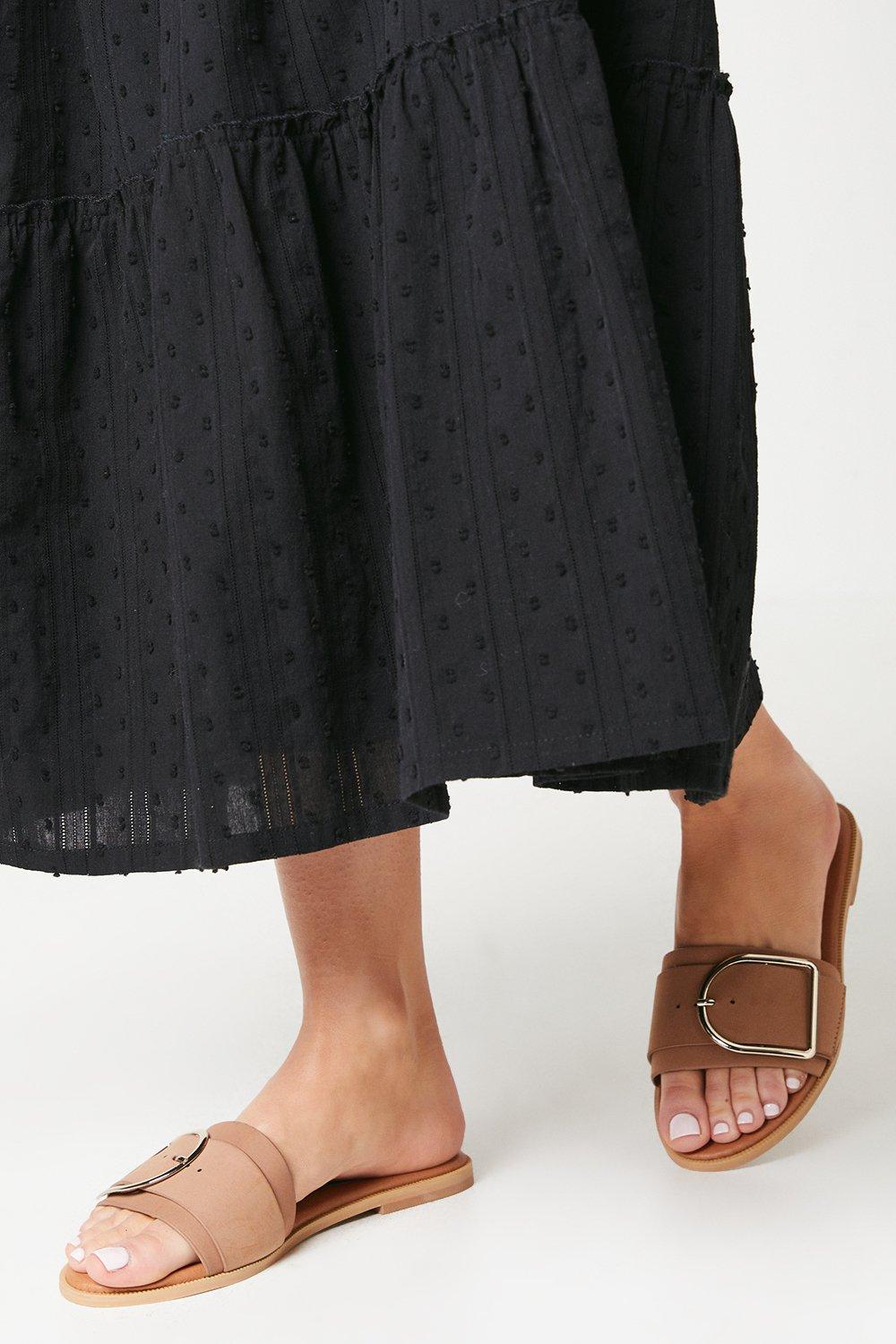 Womens Lorna Buckle Detail Flat Slider Sandals
