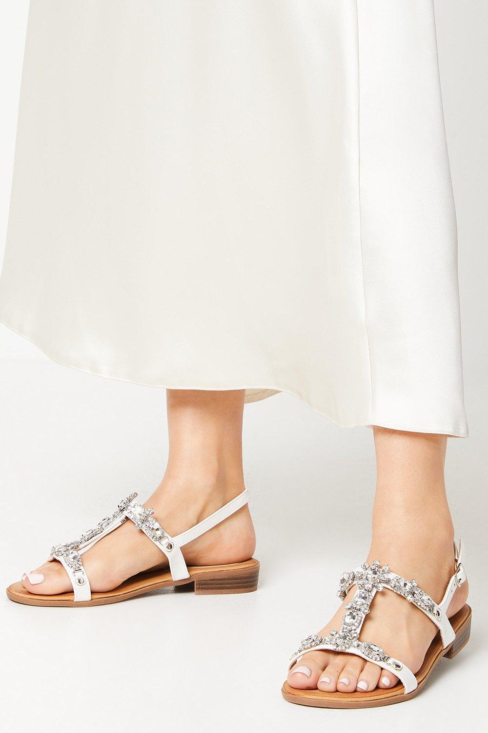 Women’s Fifi Jewel Detail Flat Sandals - white - 5