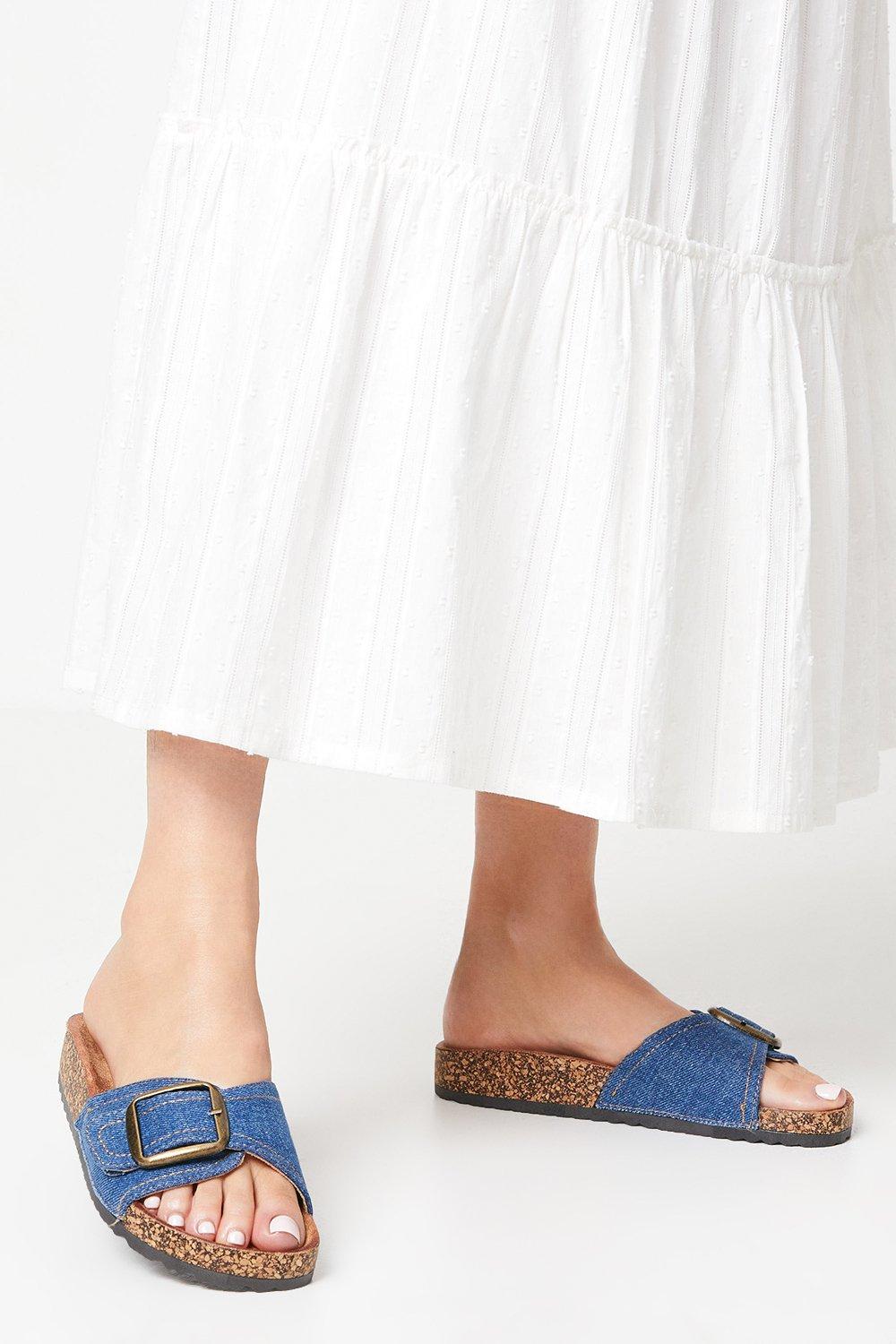 Womens Faith: Millie Denim Buckle Detail Footbed Sandals